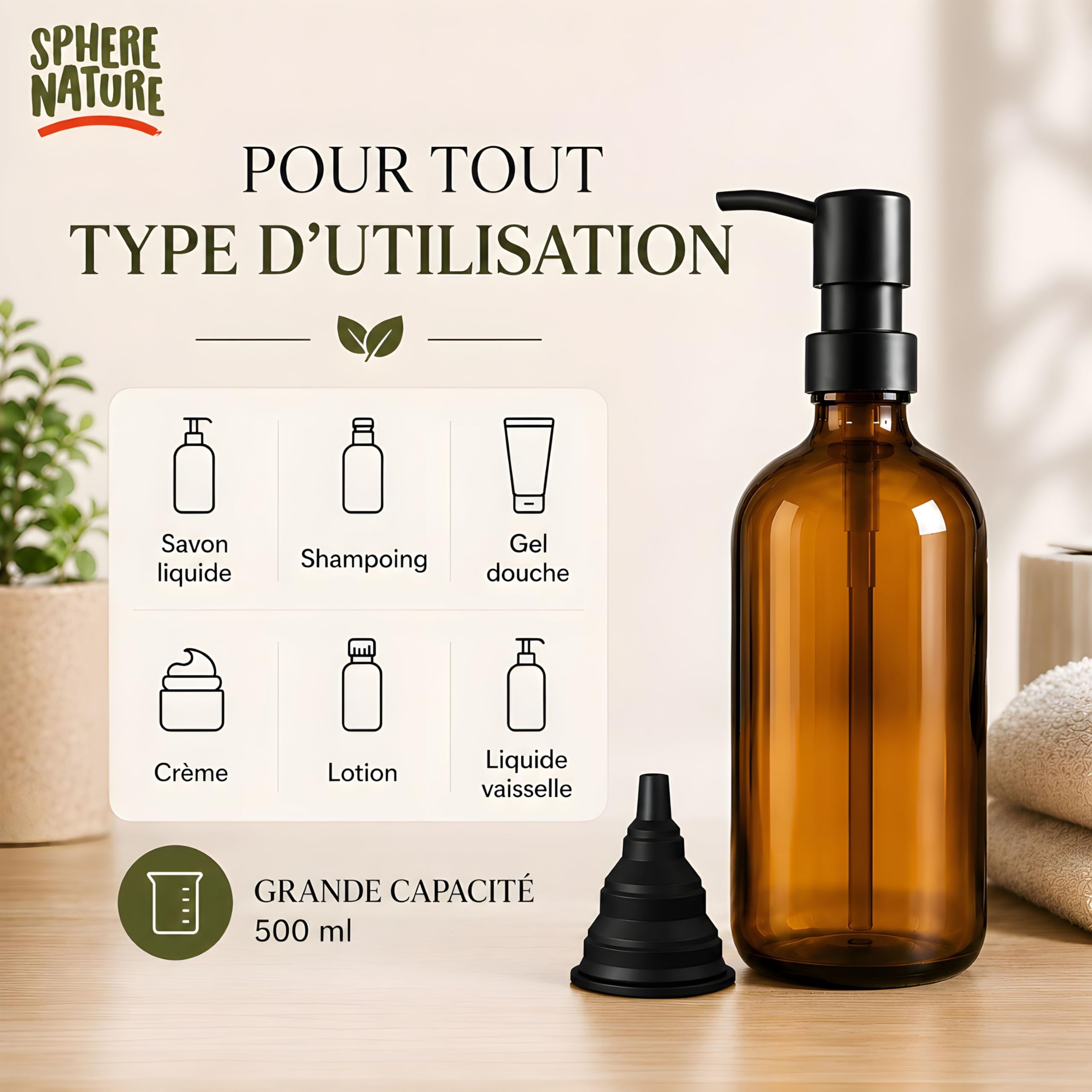 Flacon Pompe Vide Verre 500ml Ambre Vintage | Lot de 2 + Entonnoir + Plateau Bois + 4 etiquettes | INOX Brossé Noir | Distributeur Savon Gel Hydroalcoolique Liquide Vaisselle Shampoing | (Noir)