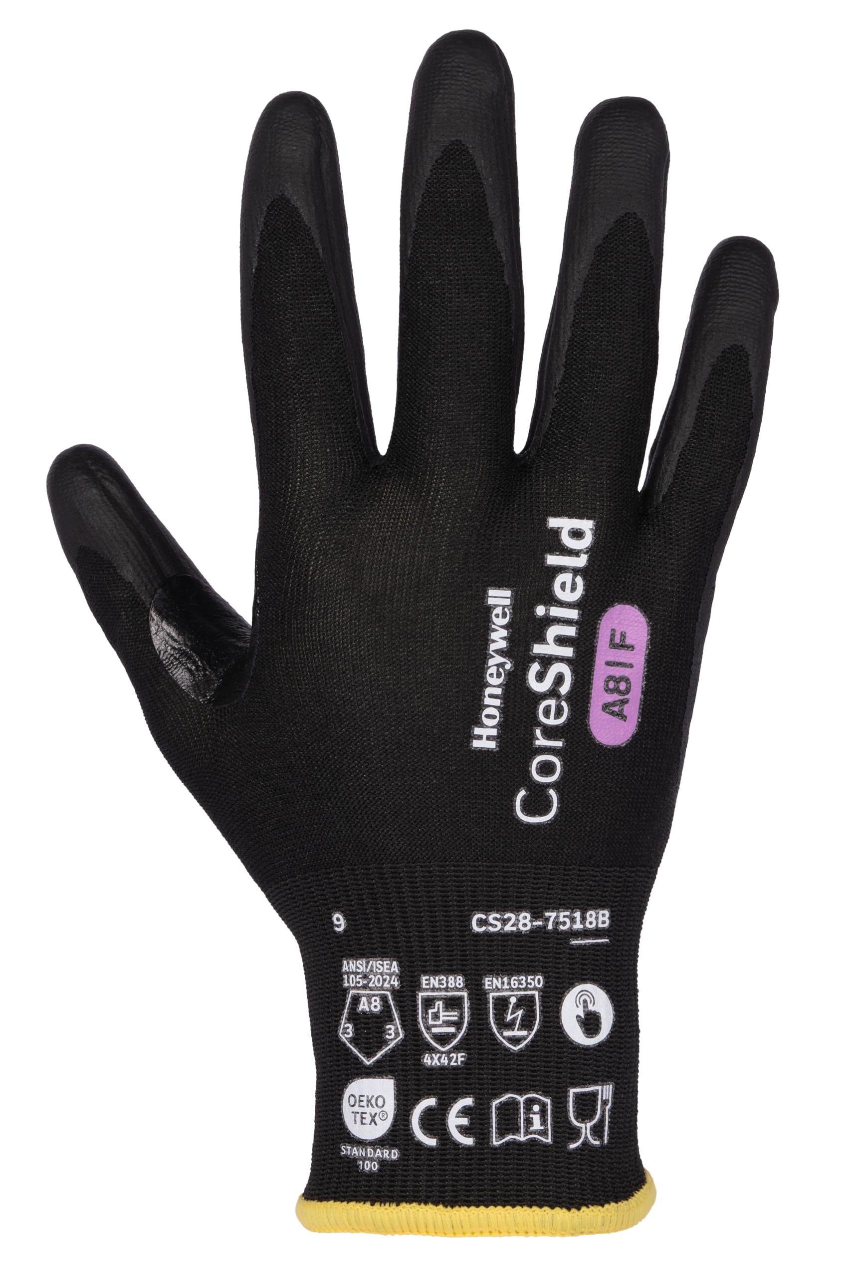 Honeywell Coreshield 3.0 Schnittschutzhandschuhe, Unisex, CS28-718B, silikonfrei, waschbar, lebensmittelzertifiziert, Touchscreen-Bedienung, Gauge 18, Schnitt A8-F, Größe 8M, CS28-7518B-8 (Bellyband