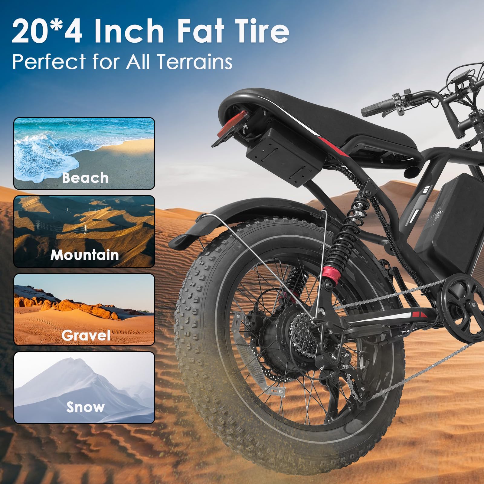 EGGKING Bicicletta Elettrica 20" x 4.0 Fat Tire, Doppia Sospensione e 7 Velocità Bici Elettrica, E-Bike per Adulti, Batteria Rimovibile 48V 17.5 Ah, Display e Controllo APP
