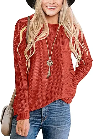 MEROKEETY Women's Long Sleeve Waffle Knit Sweater Crew Neck Solid Color Pullover Jumper Tops