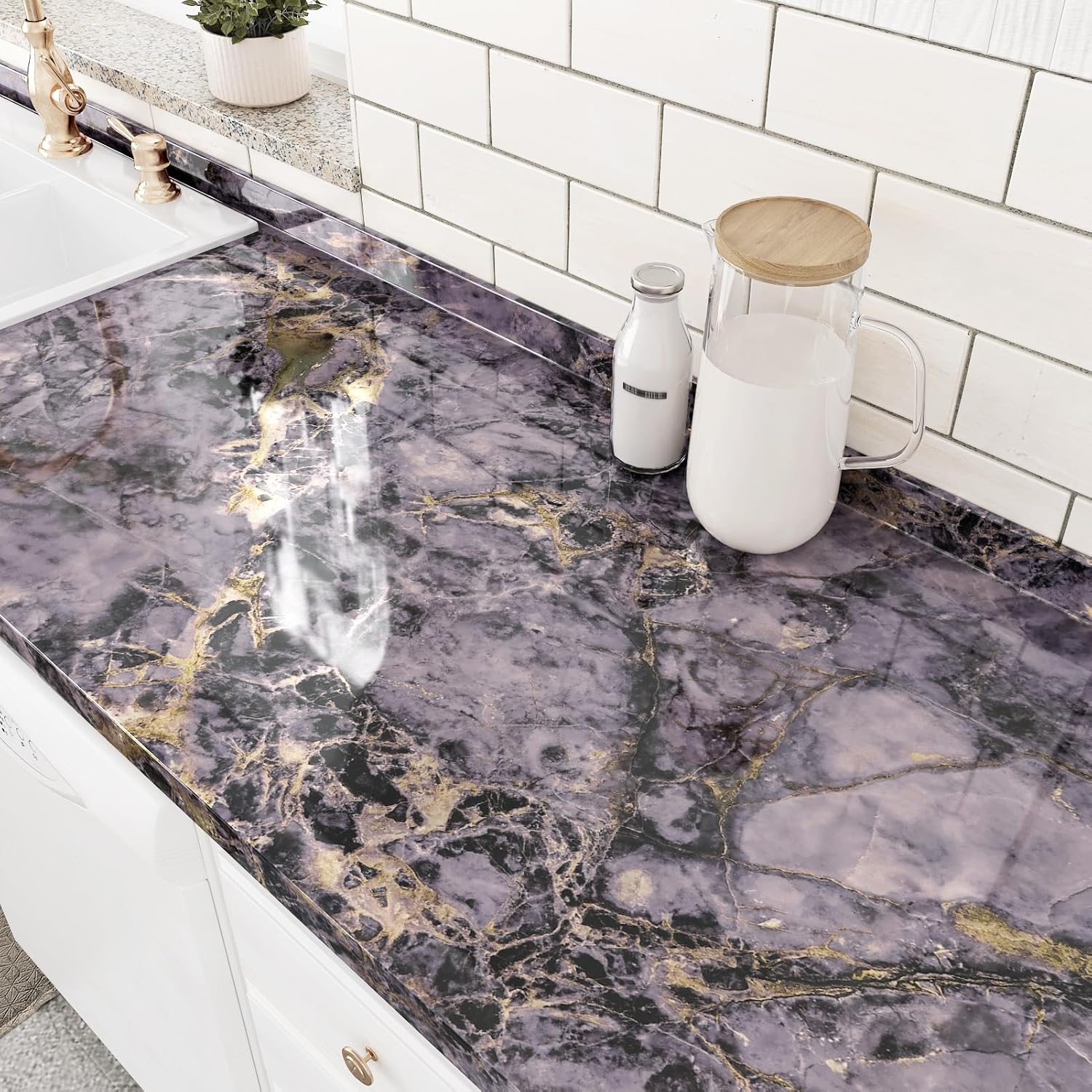 Glossy Purple Gold Marble Contact Paper for Kitchen Countertops Self Adhesive Waterproof Marble Wallpaper Peel and Stick Modern Wall Paper with Metallic Veins for Backsplash Cabinets Table