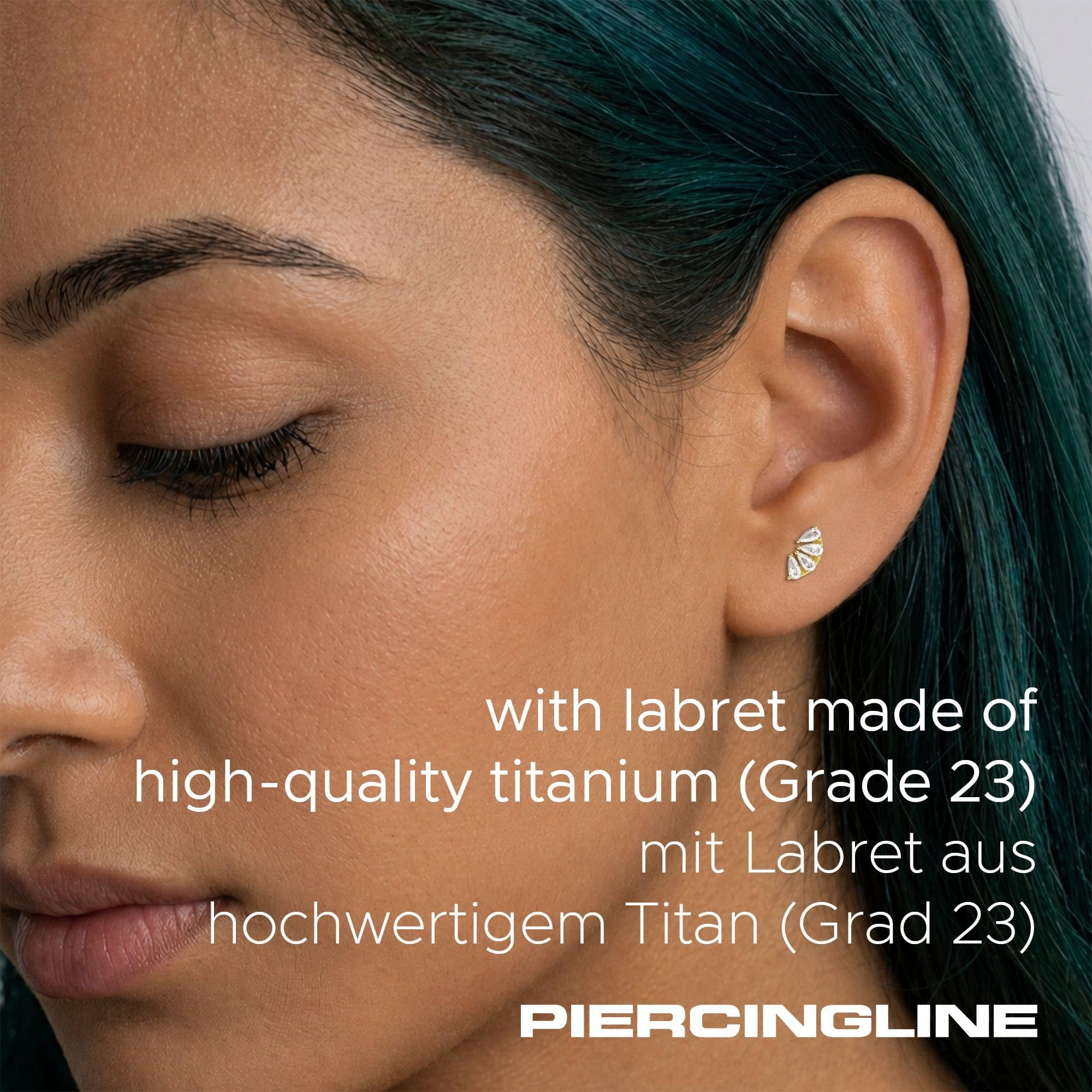 PIERCINGLINE Piercing Stecker Titan Labret mit Innengewinde + 925er Silber Aufsatz MOISSANIT-BOGEN - Goldfarben, Silberfarben