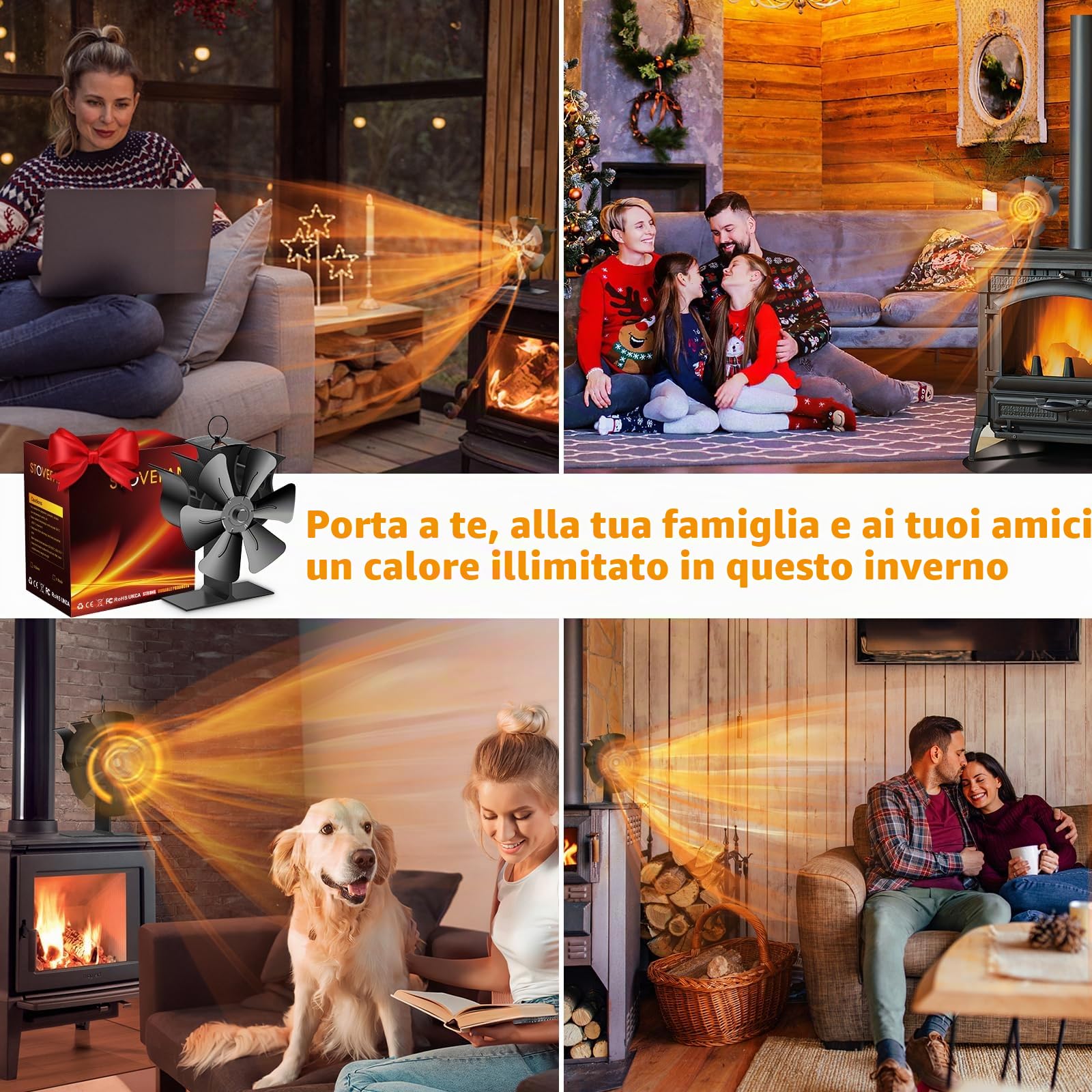Ventilatore Per Stufa a Legna Con 6 Pale, Senza Elettricità Alimentato Silenzioso, Ventola Camino Per Pellet Con Termometro