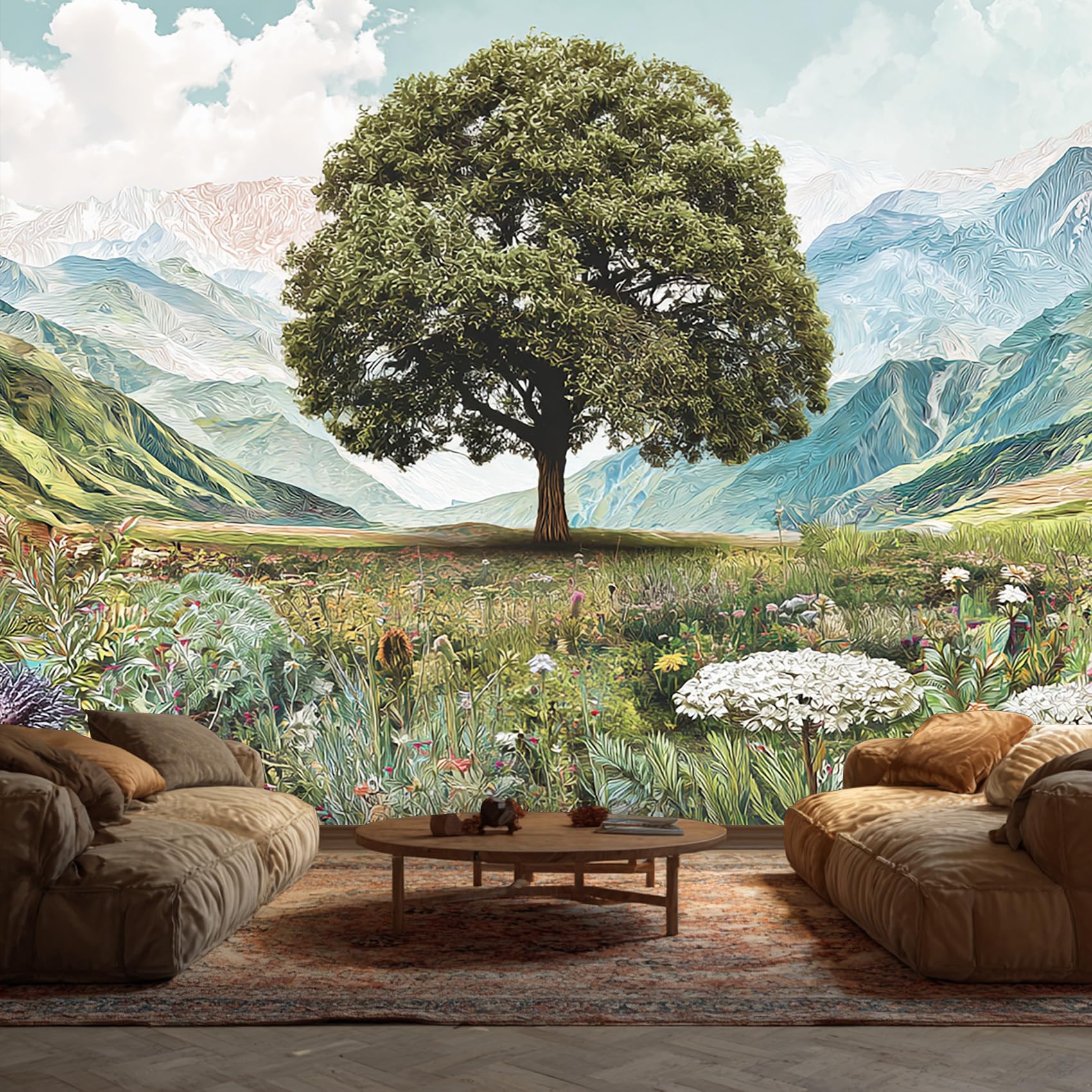 Tree of Life Wallpaper, Mountain Wild Floral Grass Mural Wallpaper, Tree of Life Room Decor Wall Art for Living Room Bedroom Kitchen 500L x 280W cm