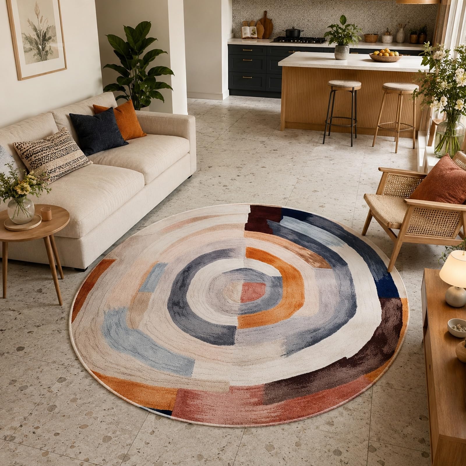 Tapis rond abstrait moderne et coloré pour créer un coin lecture cosy