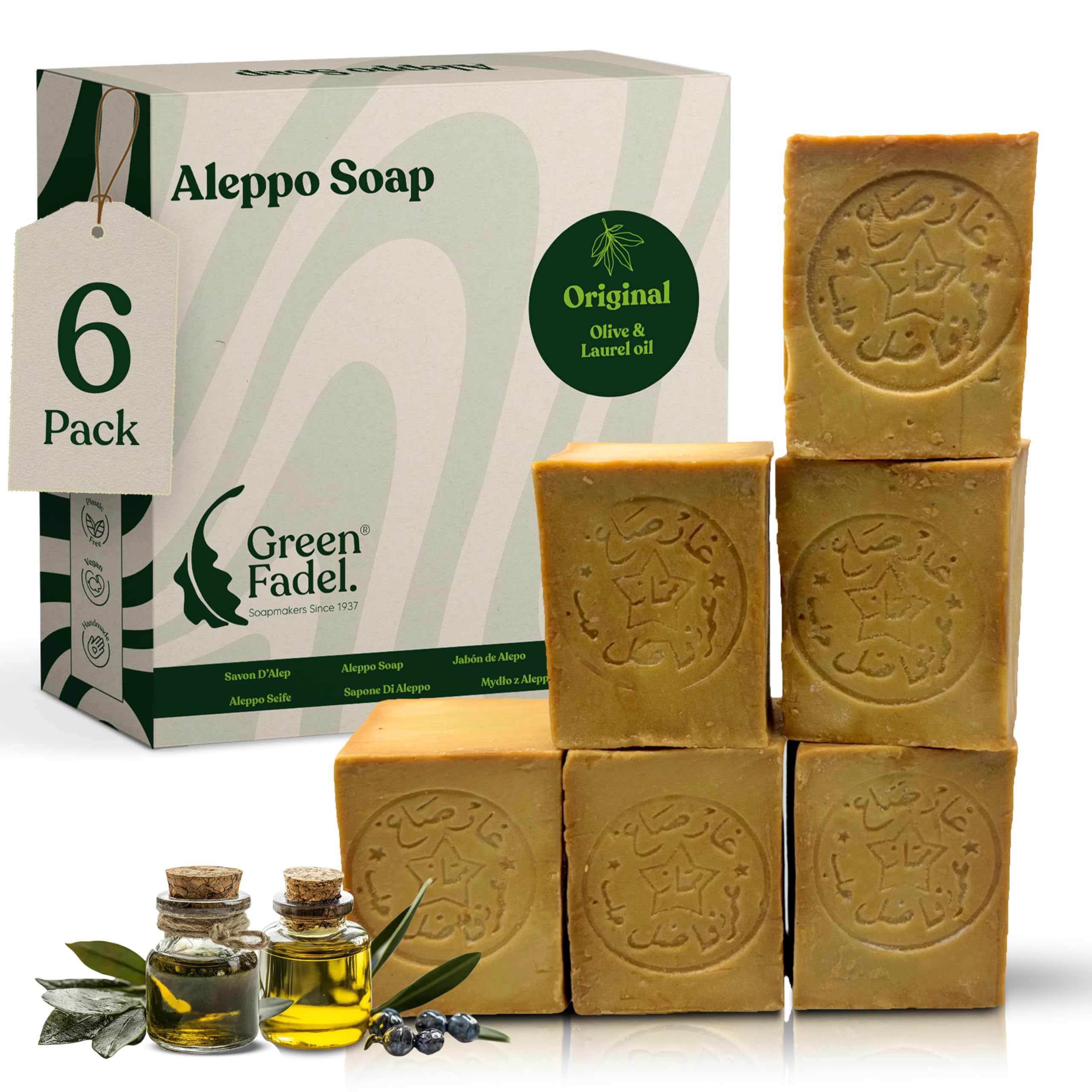 GREEN FADEL Sapone di Aleppo Originale, all'Olio d'Oliva e Olio di Alloro, 6 x ca. 200g, Sapone all'Olio d'Oliva, Naturale, Fatto a Mano, Vegano, per Viso e Corpo