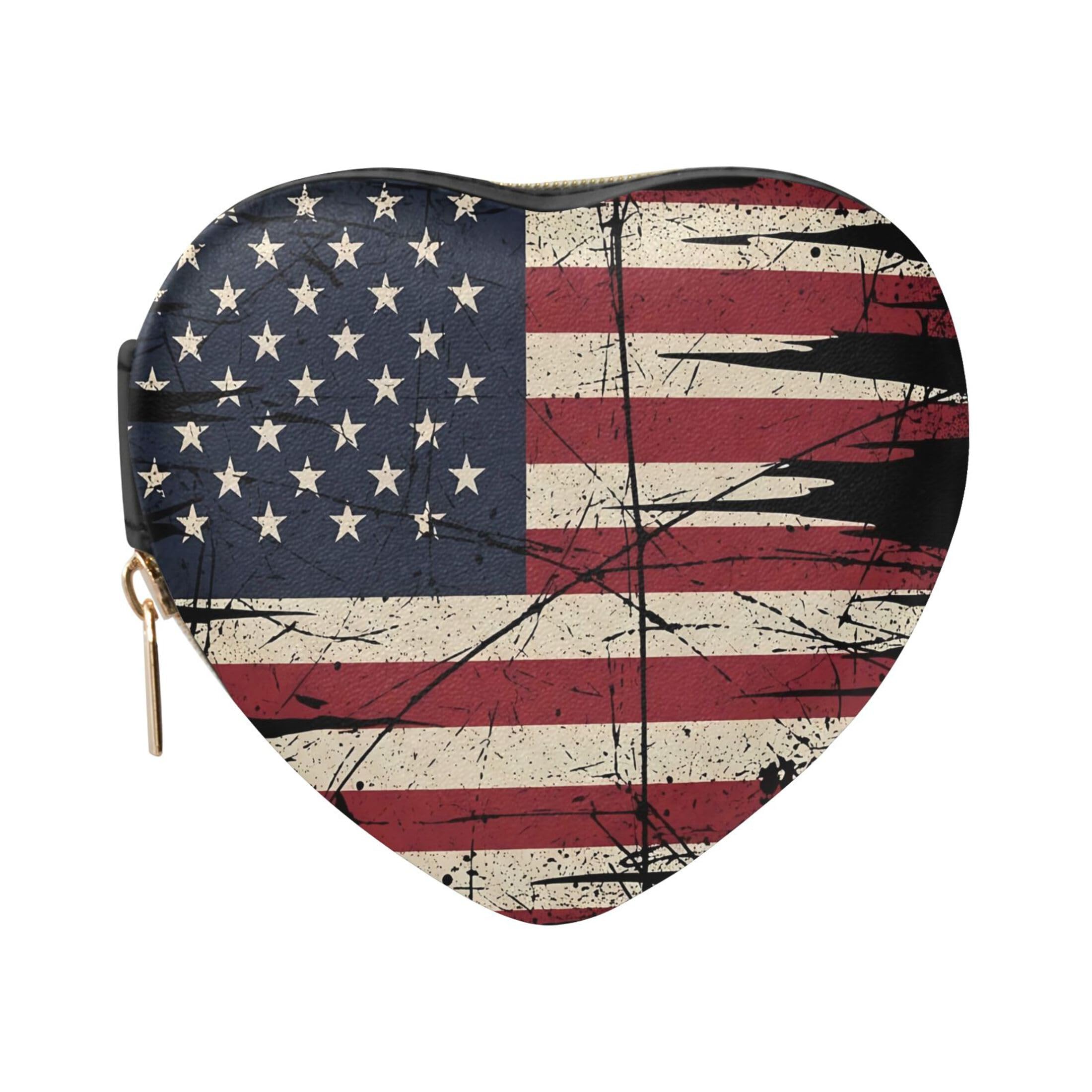 Fuauuyl Grunge American Flag Small Jewelry Box Heart-Shaped Jewelry Case, Portable Travel Organizer Bridesmaid Proposal Gift for Women Girls