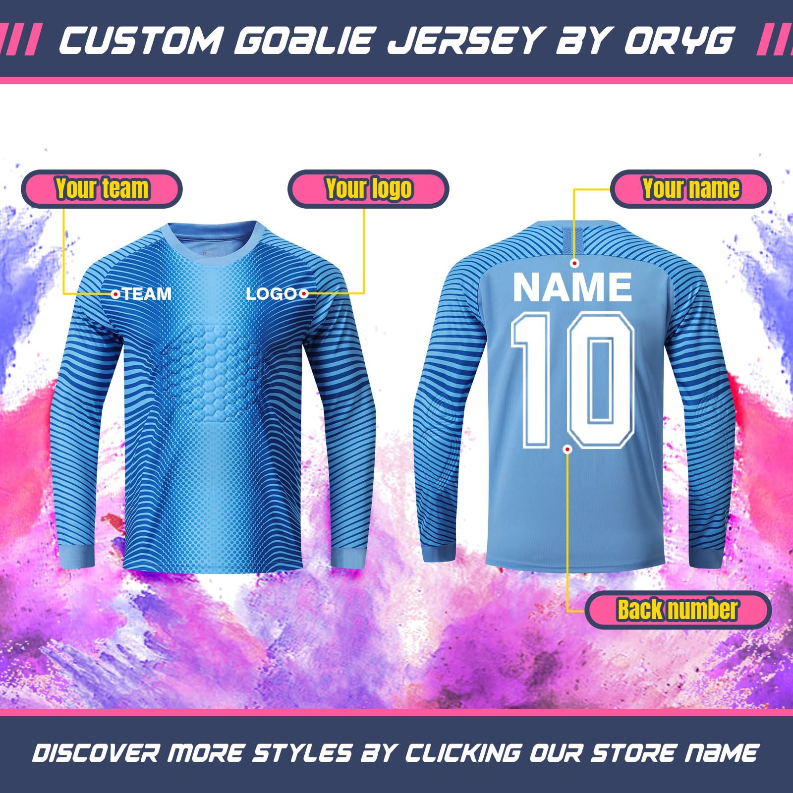 ORYG Kids Goalkeeper Jersey Custom Padded Goalie Shirt Personalized Soccer Keeper Uniform for Men Youth with Name Number Logo Sky Blue