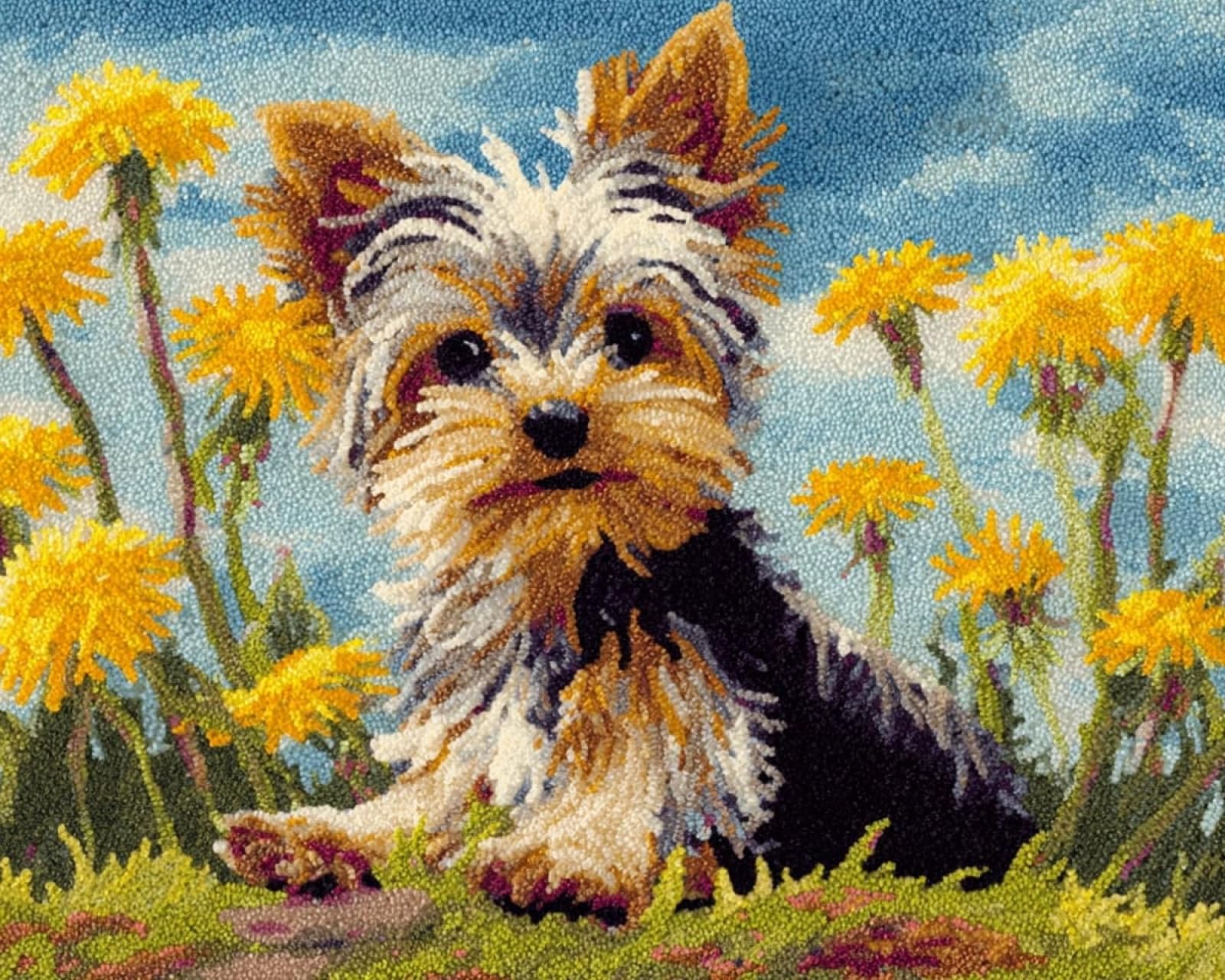 Wallphantom Latch Hook Rug Kits for Adults Beginners,Yorkshire Terrier and Dandelion,DIY Crochet Rug Making Kit with Printed Patterns Rug Making for Home Decoration Gifts,60x90cm