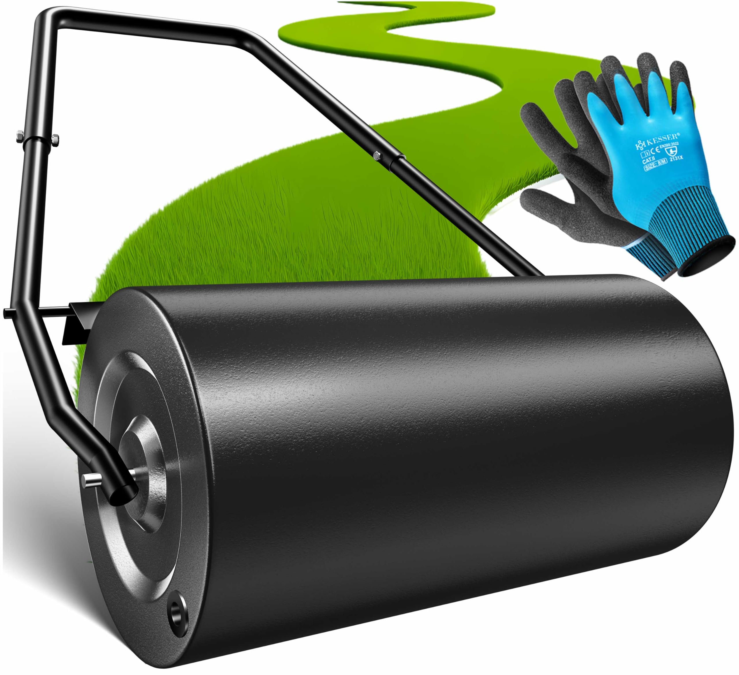 KESSER® Rasenwalze Metall befüllbar mit Wasser oder Sand mit 48 Liter Füllvolumen & 60cm breit | Gartenwalze inklusive Handschuhe | Handwalze Rasenroller Ackerwalze Walze in Schwarz
