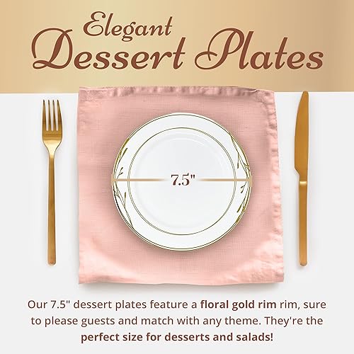 Miniatura 3 de Reli. Platos de plástico desechables, borde blanco y dorado (50 unidades, plato de postre de 7.5 pulgadas), plástico duro, para postres, ensaladas,