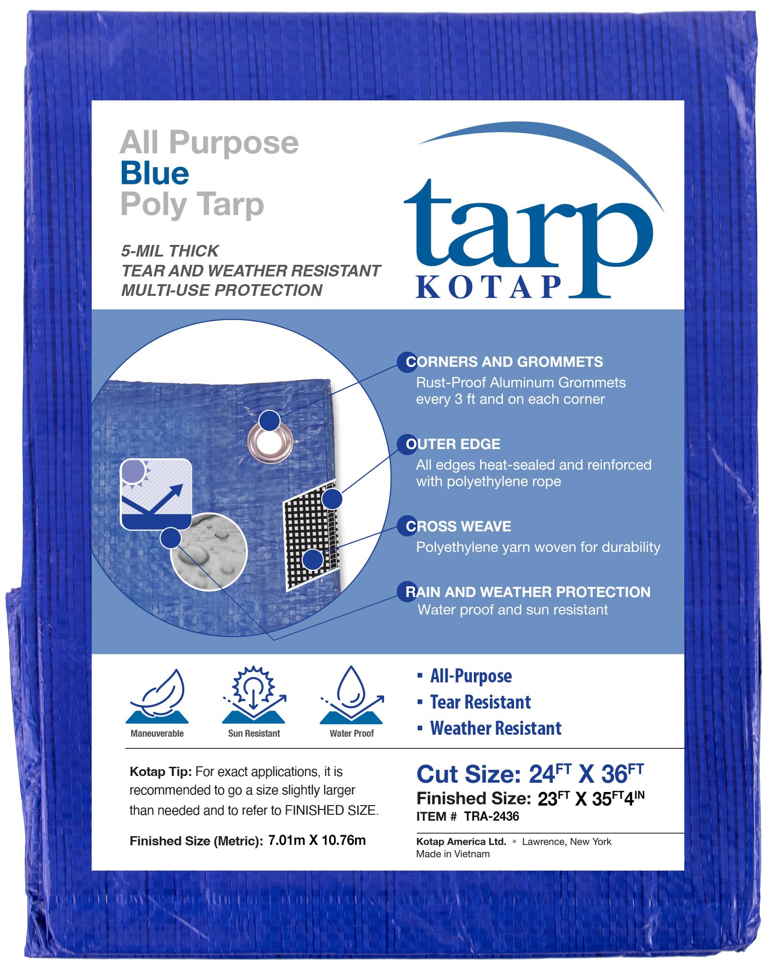 Kotap 24 x 36 Ft. All-Purpose Multi-Use Protection/Coverage 5-mil Poly Tarp, Waterproof, Blue, 1-Pack (TRA-2436)