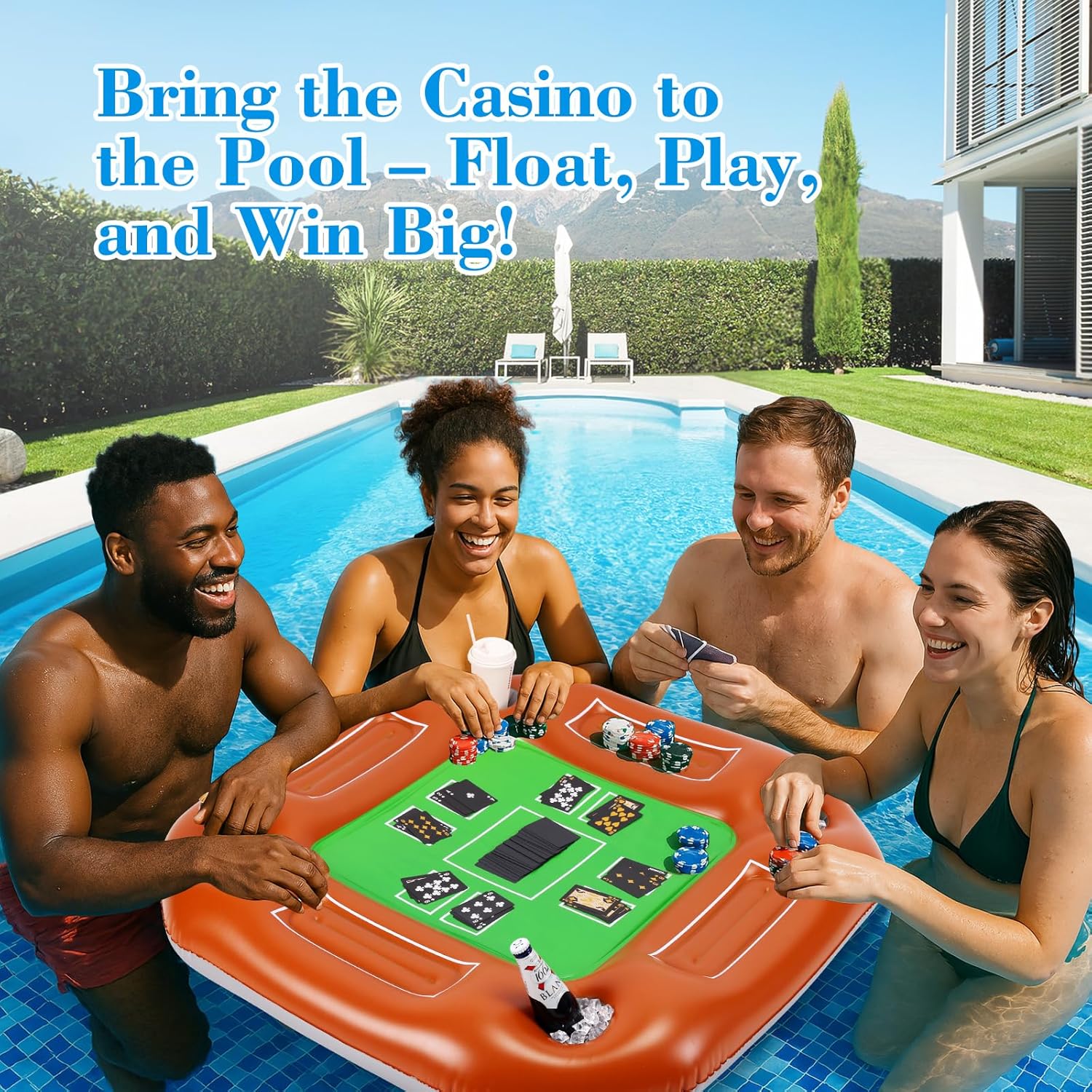 Floating Pool Game Table Double-Sided Design Poker-Style Top Drink Snack Tray, Durable PVC 39.3” for Pool Party Hot Tub Beach Gathering