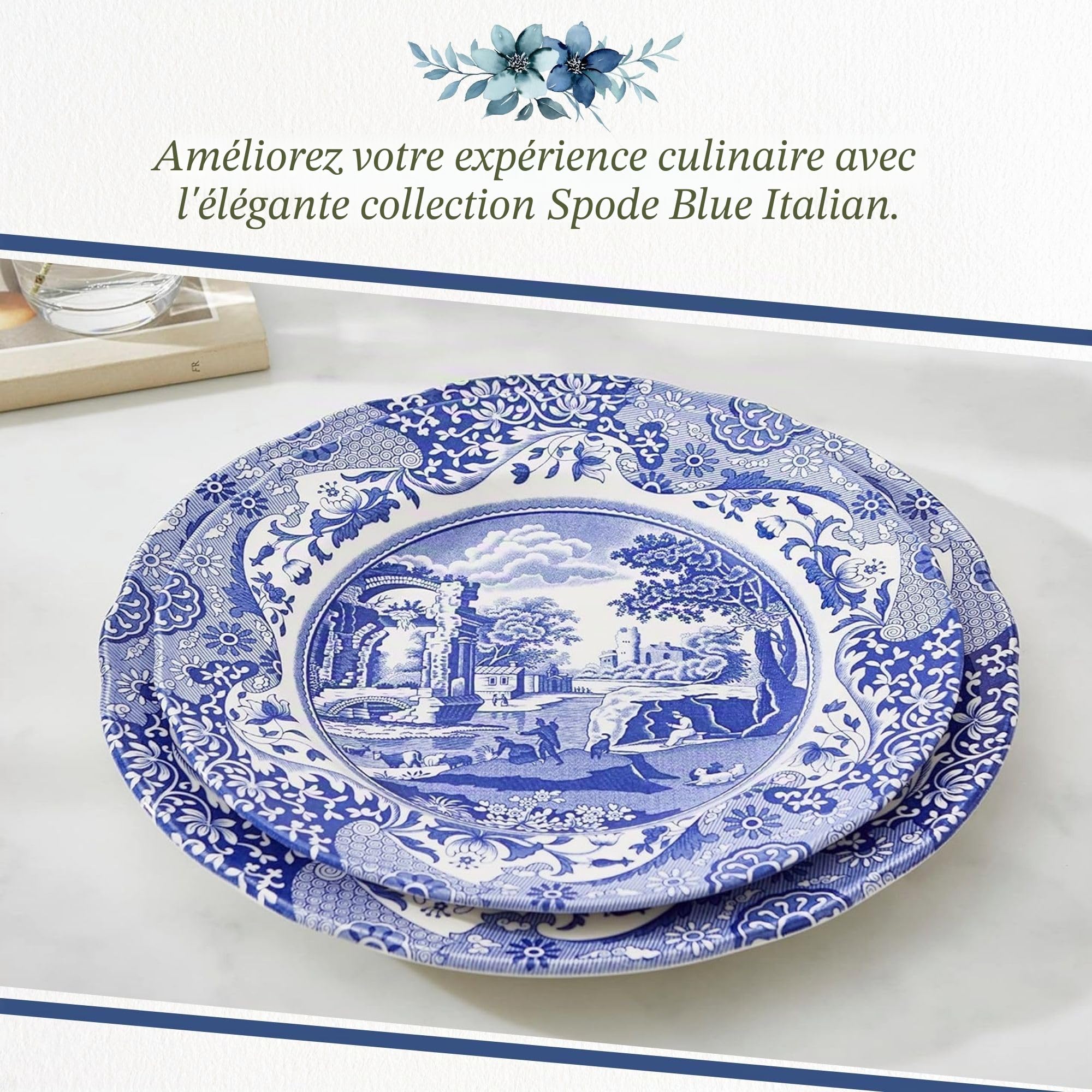 Spode Assiettes à déjeuner italiennes bleues - Lot de 4 (assiettes à déjeuner bleues, blanches, 9 pouces)