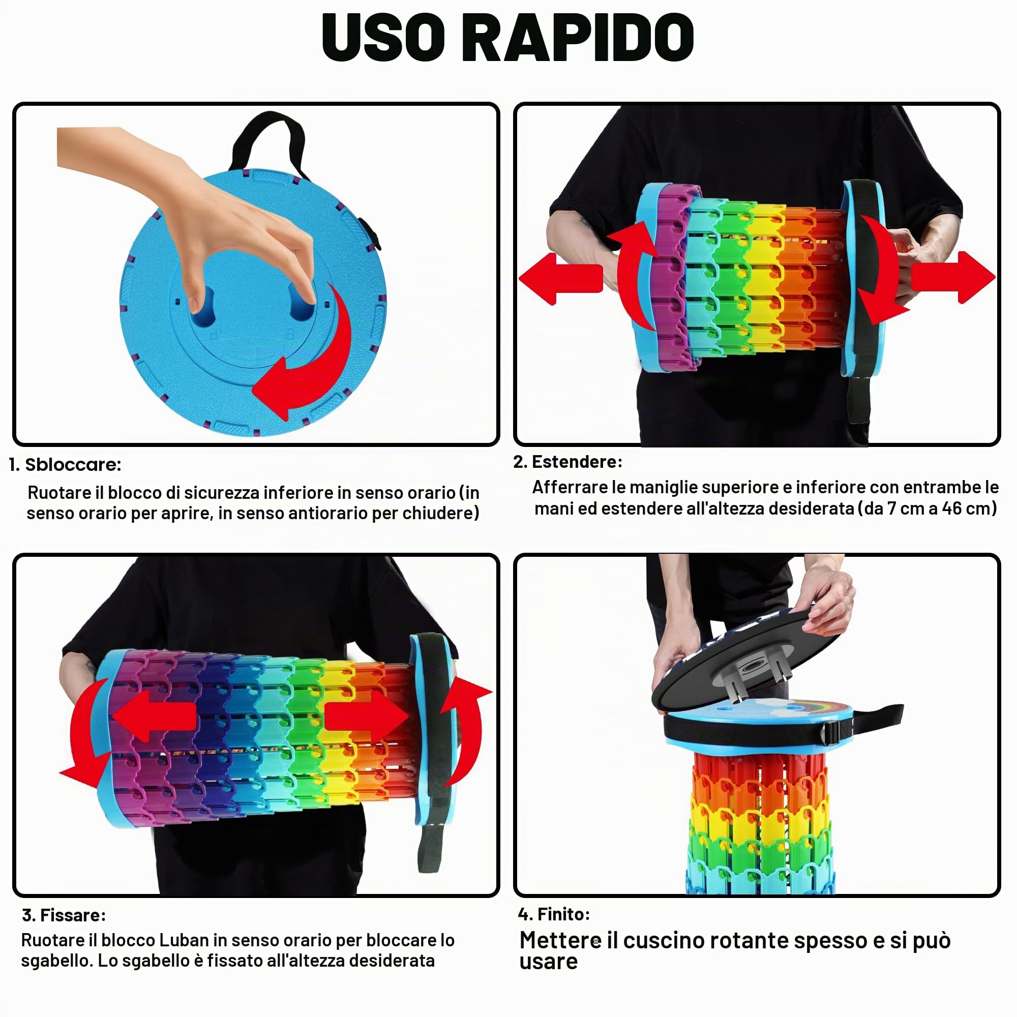 ALEVMOOM Sgabello Pieghevole Portatile con Cuscino,Sgabello da Campeggio per Adulti,Sgabello da Campeggio Telescopico Sgabello Pieghevole per Pesca BBQ Interni Attività (Le Nuvole Arcobaleno)