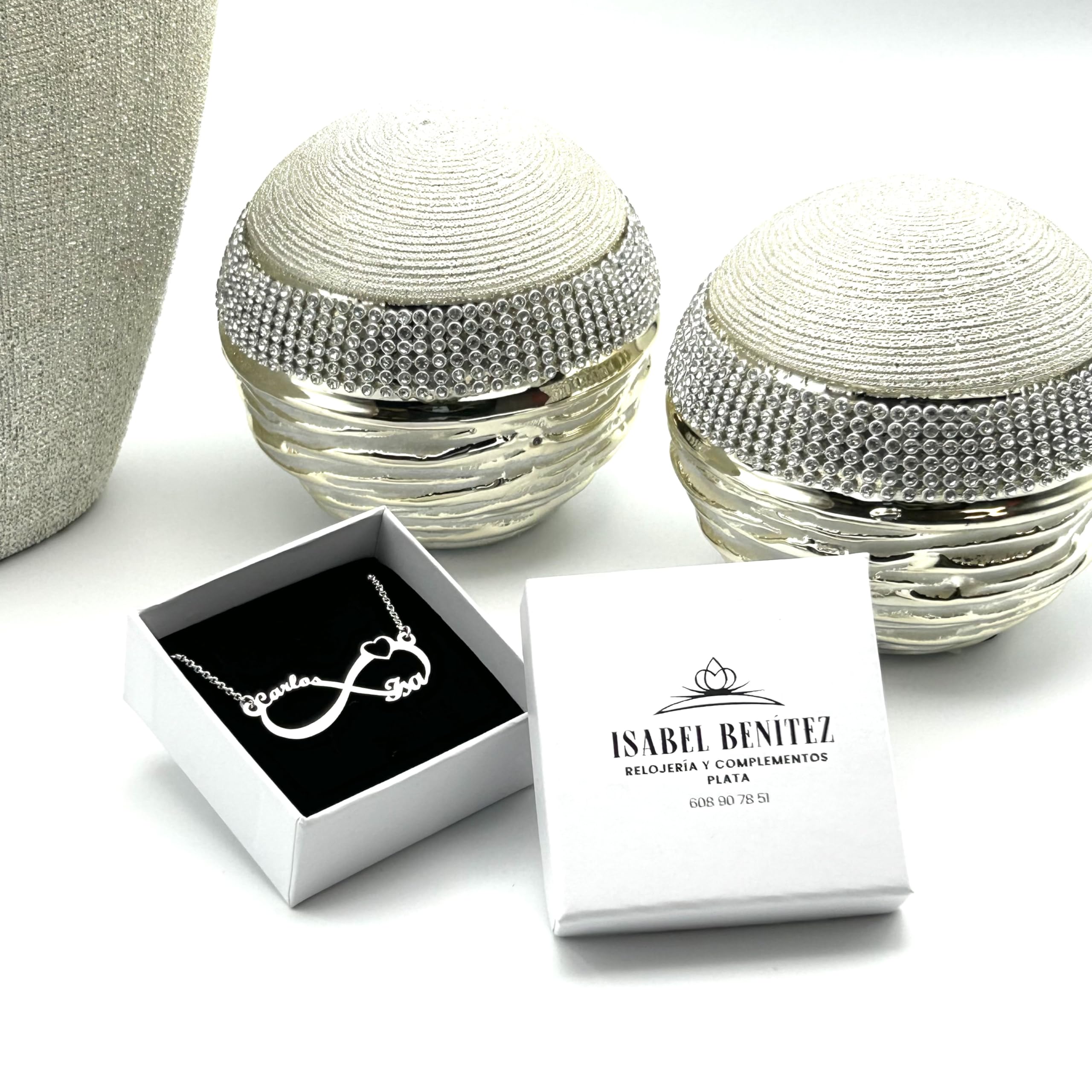 Collar Infinito Personalizado en Plata de Ley 925 con Corazón y Nombres personalizable para regalar con cadena Rolo de 40 cm + Alargador.
