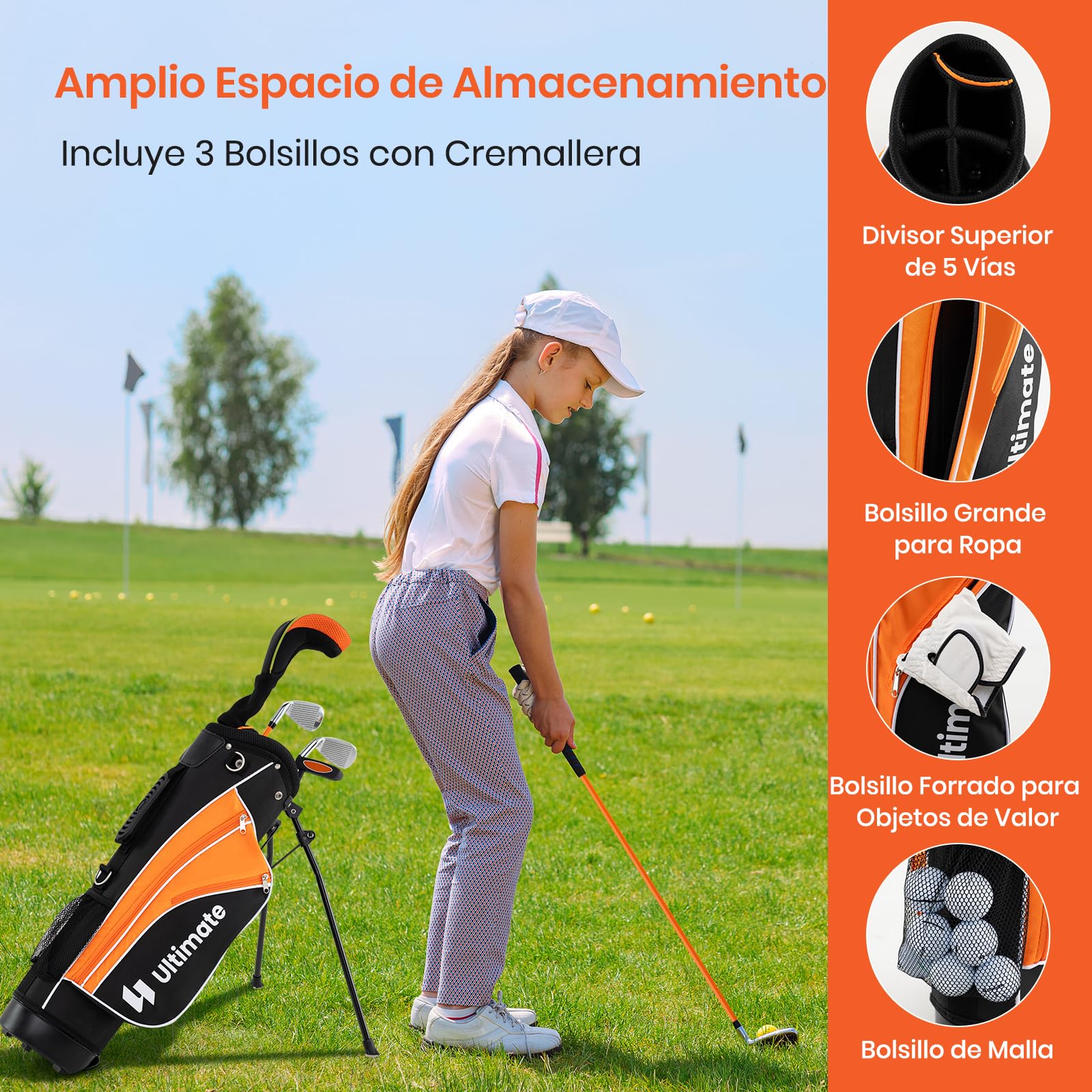 GYMAX Juego Completo de Palos de Golf, con Madera de Fairway #3, Hierros #7 y #9, Putter, Bolsa de Golf Portátil con Soporte y Funda Protectora de Lluvia