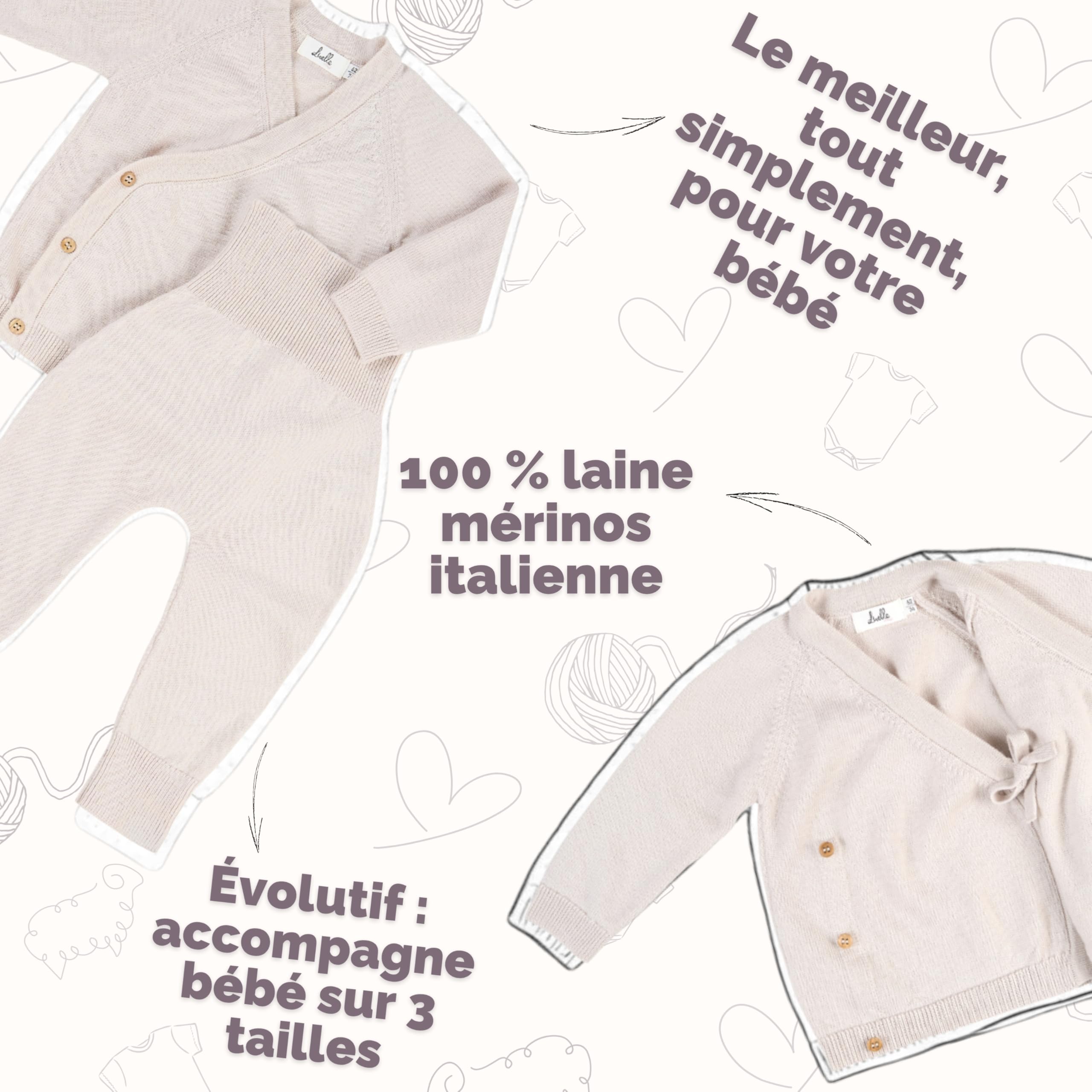 Livella Ensemble Bébé 100% Laine Mérinos - Pantalon & Cache-cœur Évolutif - Tailles 50-74 - Vieux Rose & Crème - Lavable en Machine