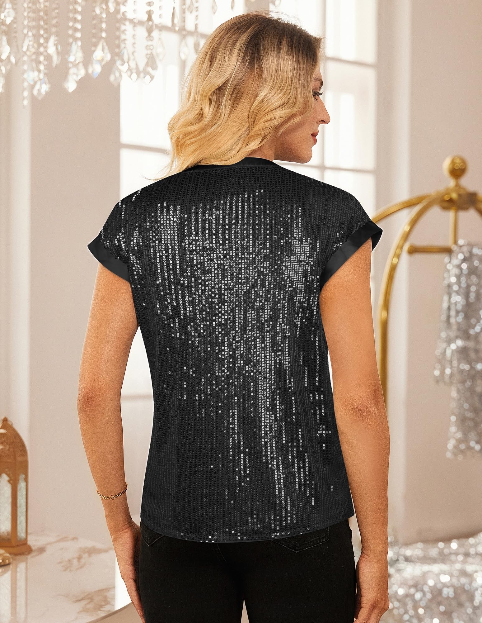 GRACE KARIN Chemisier à paillettes élégant pour femme - Col en V - Manches courtes - Pour fête - Club - Paillettes