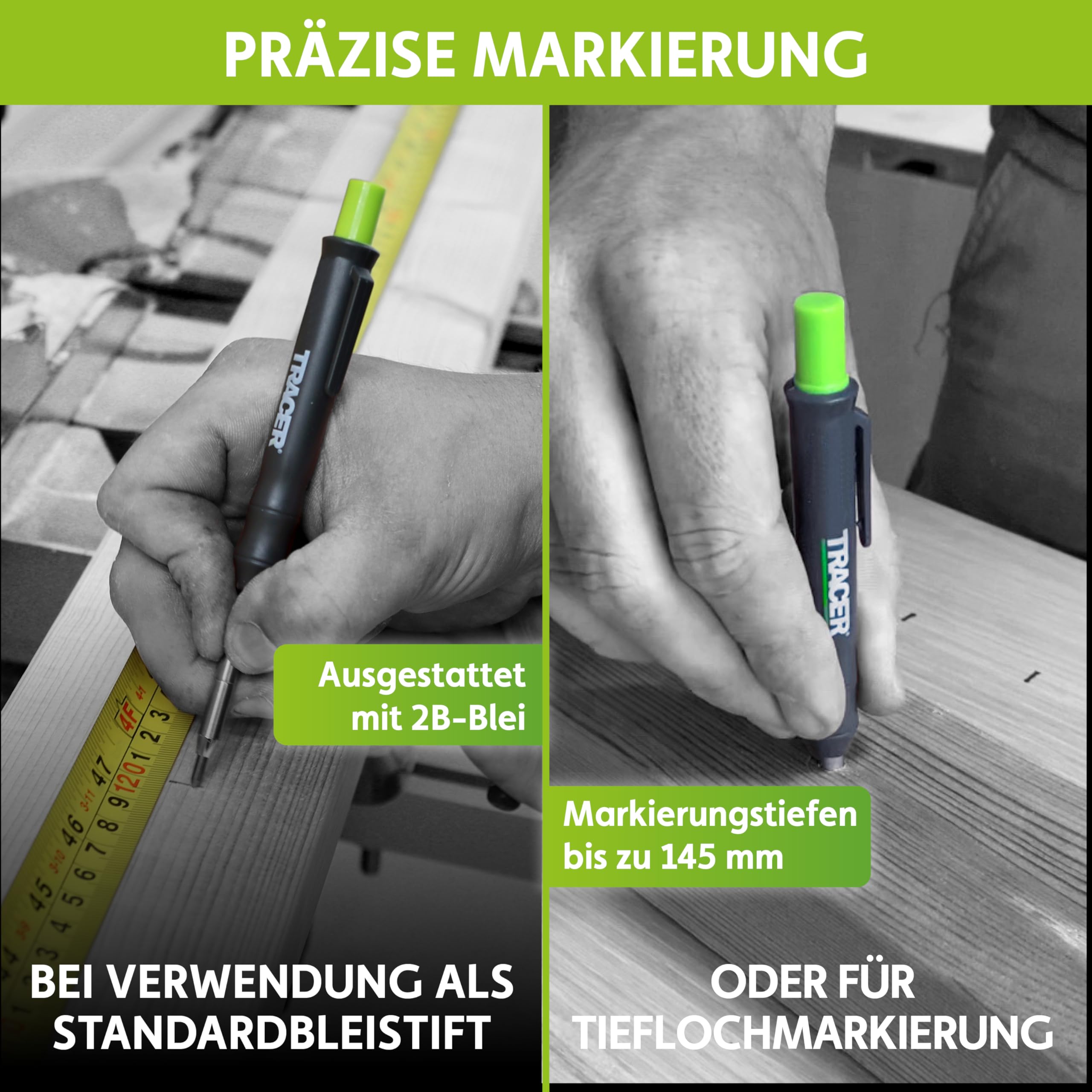 Tracer Markierungsset – Tiefloch-Baubleistift, 6 Ersatzminen & 2 verstopfungsfreie Konstruktionsmarker mit Holster