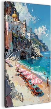 TIMUBA Amalfi Coast Wall Art, Italy Amalfi Coast Wall Decor with Vintage Beach Scene Pictures, Modern Mediterranean Canvas Prints, Coastal Travel Posters Painting for Home Living Room Decor 20x40 Inch