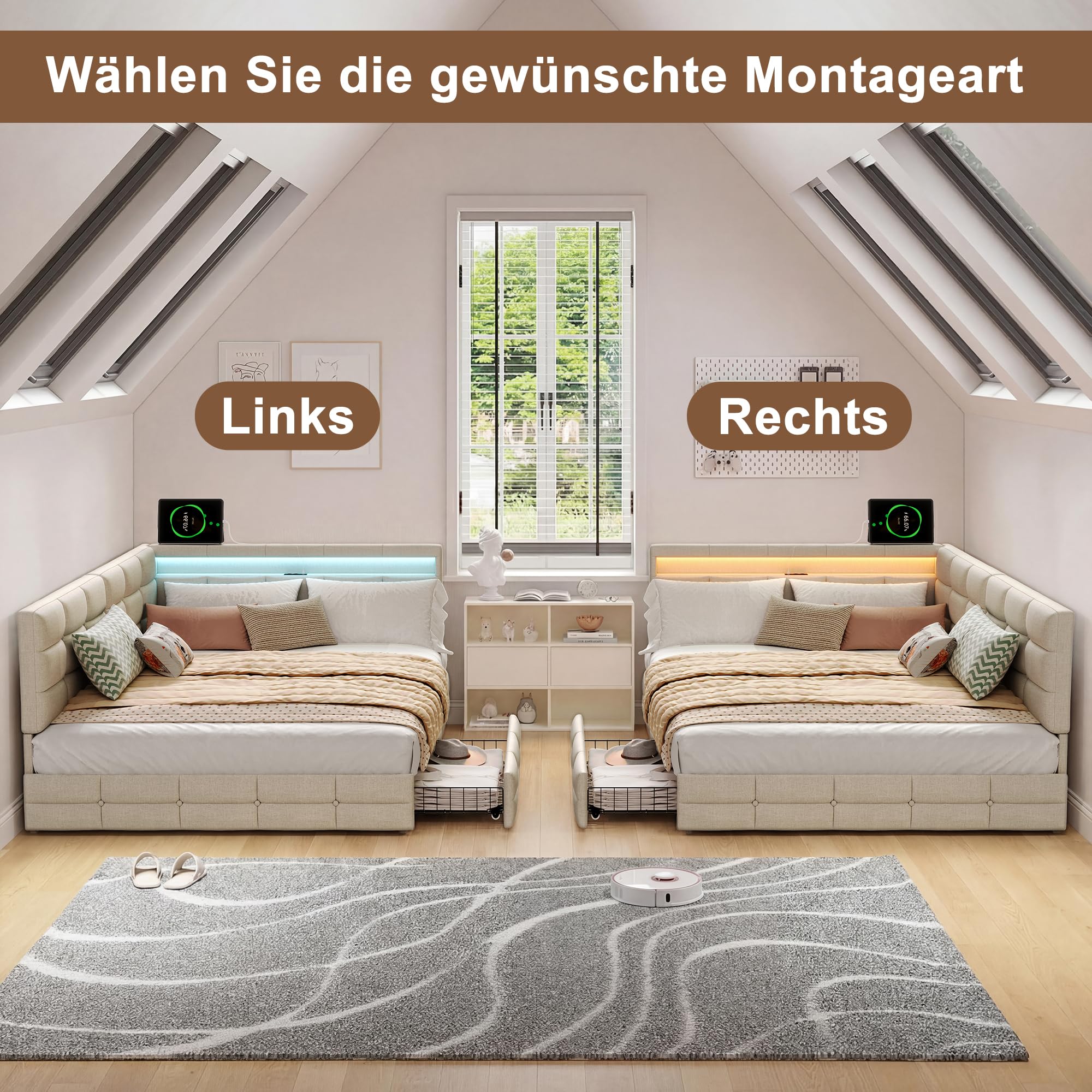 łóżko tapicerowane/sofa 140 x 190 cm, z oświetleniem LED i stacją ładowania USB, łóżko młodzieżowe/tapczan z miejscem do przechowywania i 2 szufladami, łóżko dla gości/rama łóżka ze stelażem