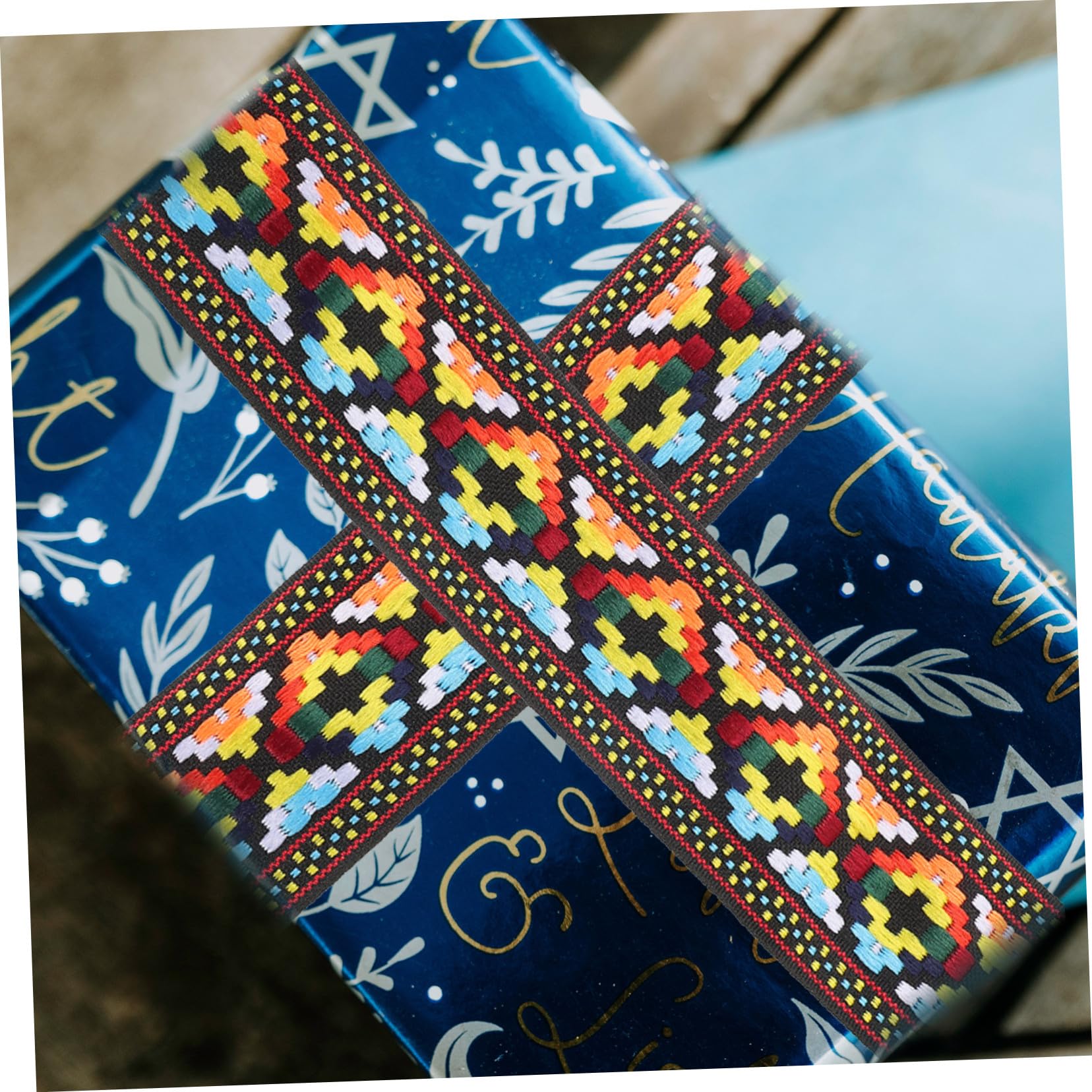 Gadpiparty 2 Rollen Ethnisches Jacquard Webband Rolle Dekoratives DIY Bastelband Zweifarbiges Langlebiges Geschenkverpackungsband Vielseitig für Party und Geschenkdeko Blau