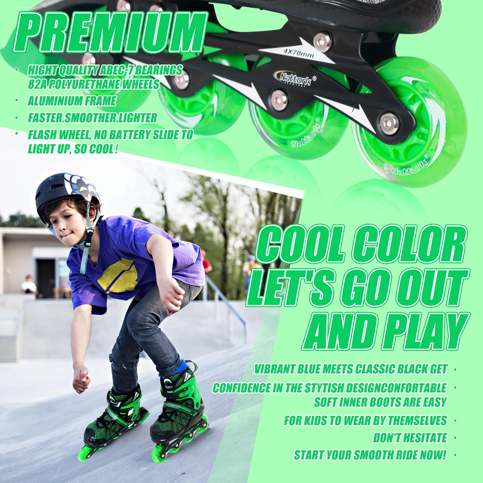 Nattork Patins à roues alignées réglables pour petits garçons avec roues lumineuses – Patins à roulettes vertes pour enfants débutants – Taille 1, 2, 3, 4 ans, 7, 8, 9 et 10 ans