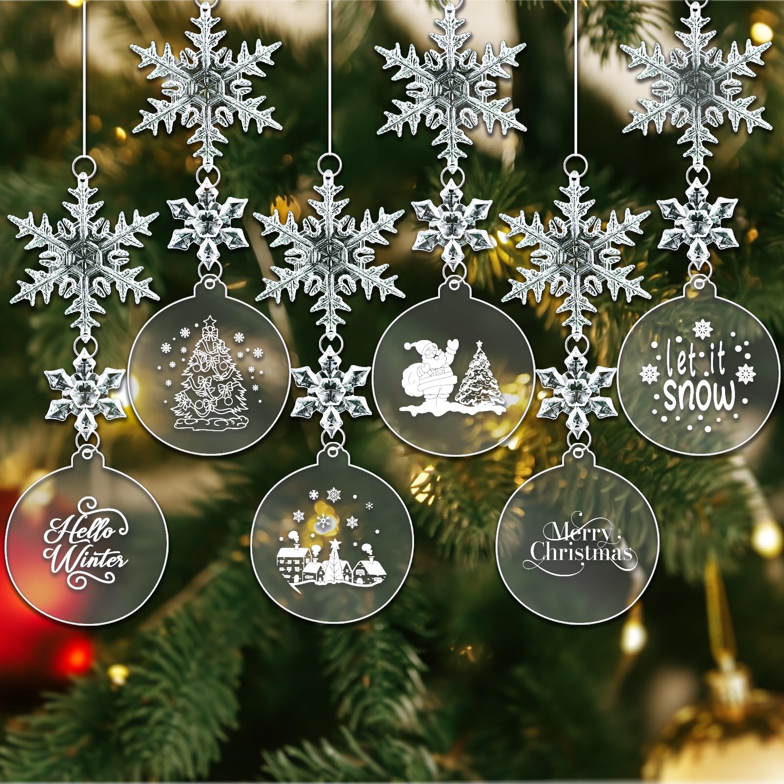 SUNYOK 36pcs Decoración Colgante para árbol de Navidad Adornos Navidad Copos de Nieve de acrílico Cristal Transparente Colgantes navideños con Disco Redondo Cuerda Fiesta Puertas Ventanas escaparates