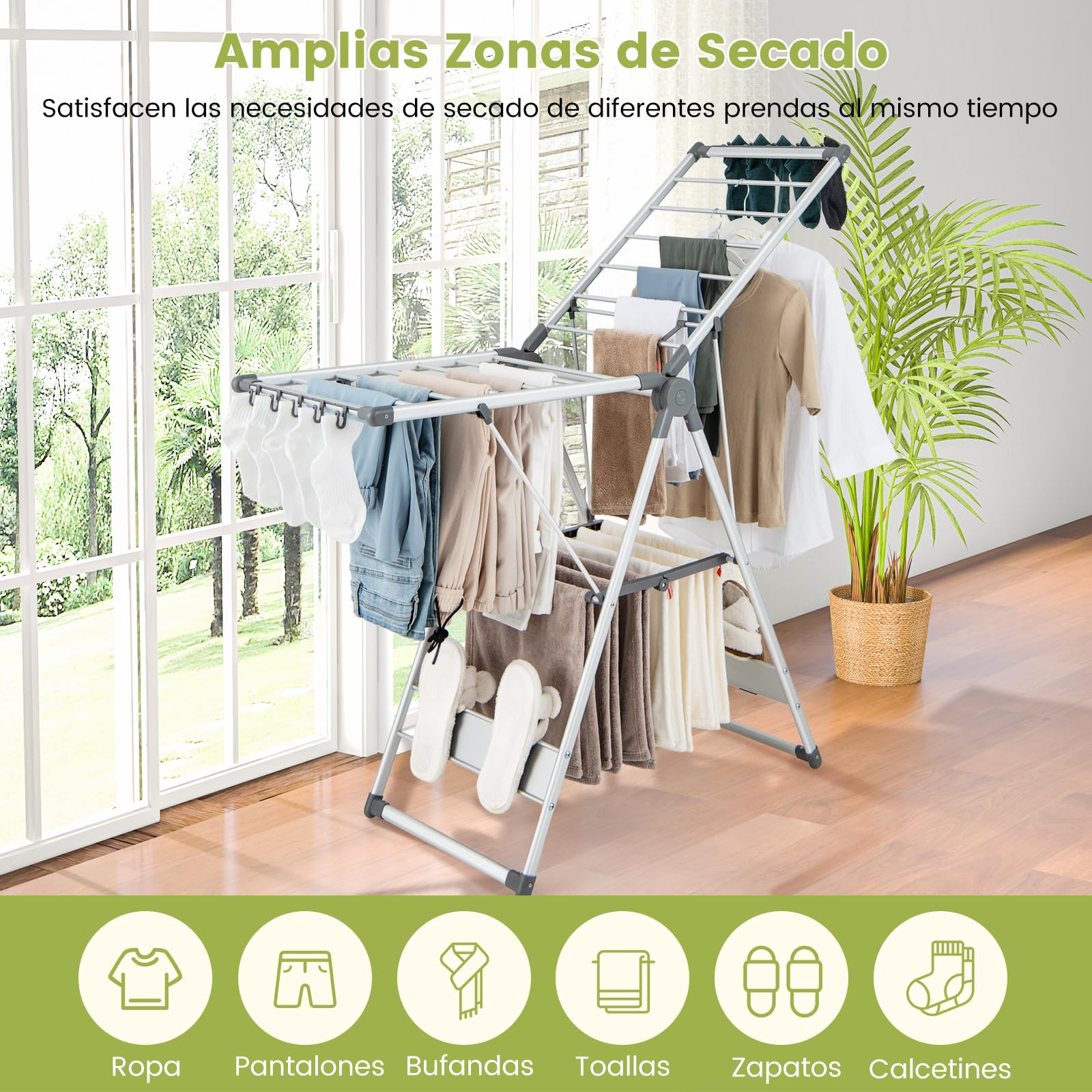 COSTWAY Tendedero Plegable de Aluminio de 5 Niveles, Tendedero de 2 Capas con Altura Ajustable, 21 Rieles De Secado, 10 Clips Laterales, 4 Soportes para Zapatos, Colgador Plegable para Ropa