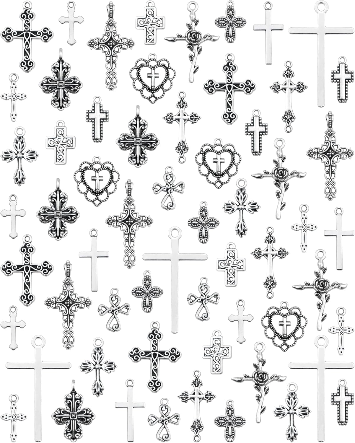 60 Pcs Antique Silver Cross Charms, Alloy Crucifix Pendant Connector for Bracelet Earrings Necklace Jewelry Making (15 Styles) - Amazon product rated Grade A