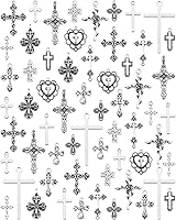 YETOOME 60pcs Antique Silver Cross Charms, 15 Styles Alloy Crucifix Pendants for DIY Bracelets Earrings Necklace Jewelry Making