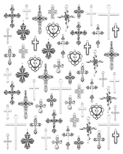 YETOOME 60 Pcs Antique Silver Cross Charms, Alloy Crucifix Pendant Connector for Bracelet Earrings Necklace Jewelry Making (15 Styles)