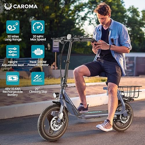 Miniatura 11 de Caroma Peak 1200W/800W/500W Electric Scooter with Seat,14" Fat Tire, Up to 30Miles&20MPH Electric Scooter Adults&Teens, Adjustable E-Scooter w/Shock