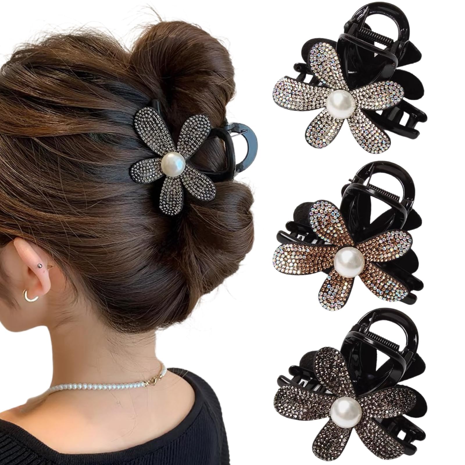 Confezione da 4 Fermagli per Capelli a Fiore da Donna con Strass, Taglia Media, Fermagli per Capelli Vintage per Donne e Ragazze, Accessori per Capelli