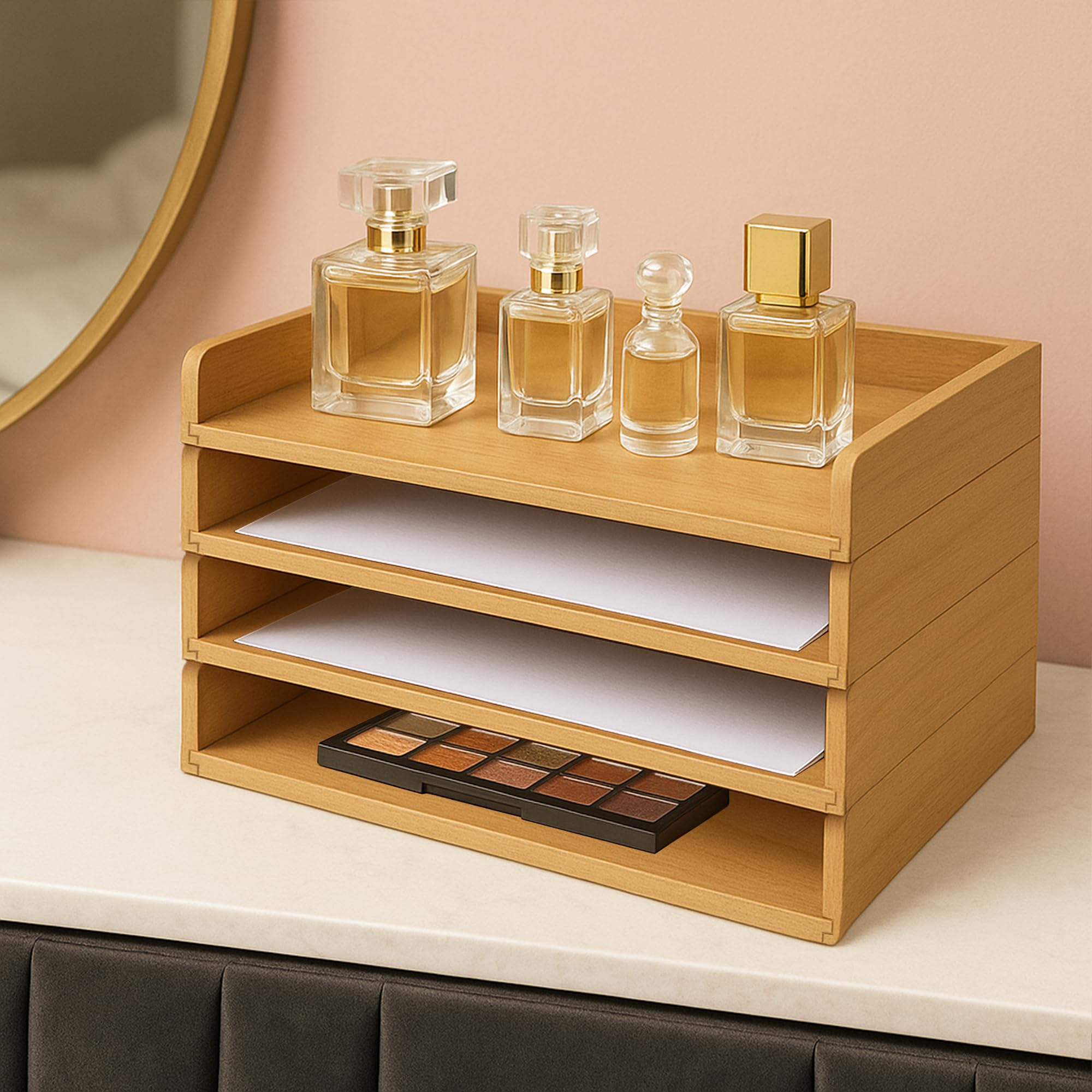 PROLEE Papierablage aus Holz für Schreibtisch, stapelbarer Papierhalter und Briefablage, 4-stöckiges Schreibtisch-Aktenregal für Arbeitszimmer, Zuhause und Büro (Eiche, 35,6 x 24,1 x 6,3 cm)