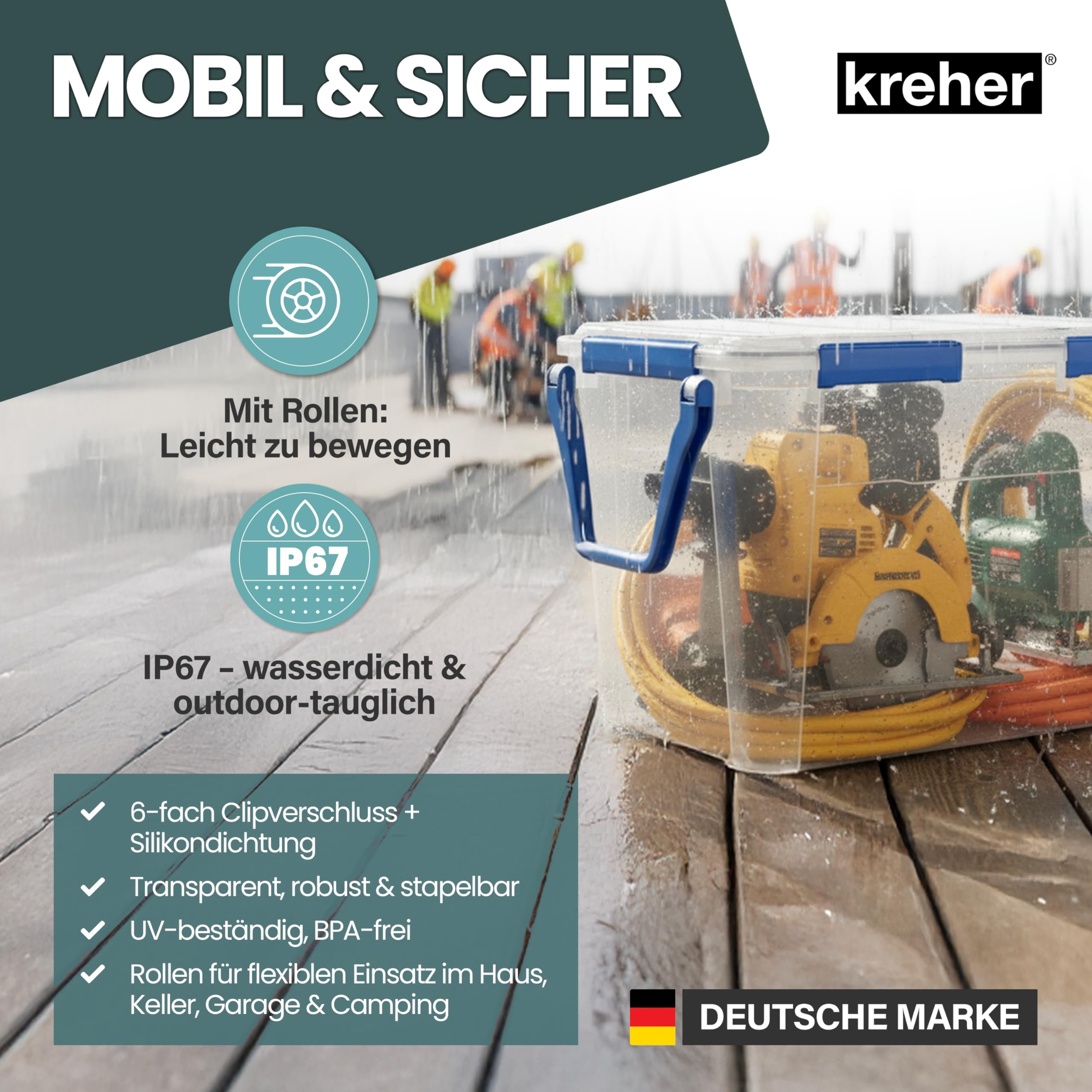Kreher® Wasserdichte Aufbewahrungsbox Rollbox Transportbox (IP67) mit Deckel und Rollen. Aus robustem Kunststoff mit praktischen Transportgriff. 100 Liter Volumen. Staub- und Nässegschützt. (1)