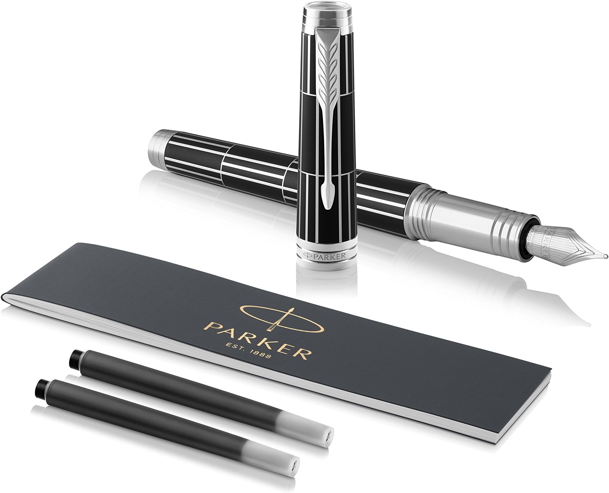 PARKER 1931401 Premier Fountain Pen, Fine Nib with Black Ink Refill - Black with Chrome Trim