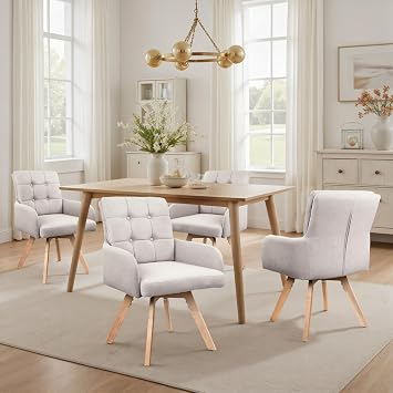Zouron Swivel Desk Chair No Wheels, Modern Fabric Accent Chair with Wood Legs, Side Chair with Back and Arms, Set of 2, Beige