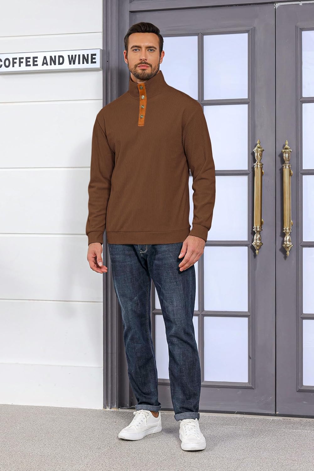 Lexiart Men's Casual Corduroy Sweatshirt Long Sleeve Thermal Stand Collar Button Pullover Sweatshirts - Image 5