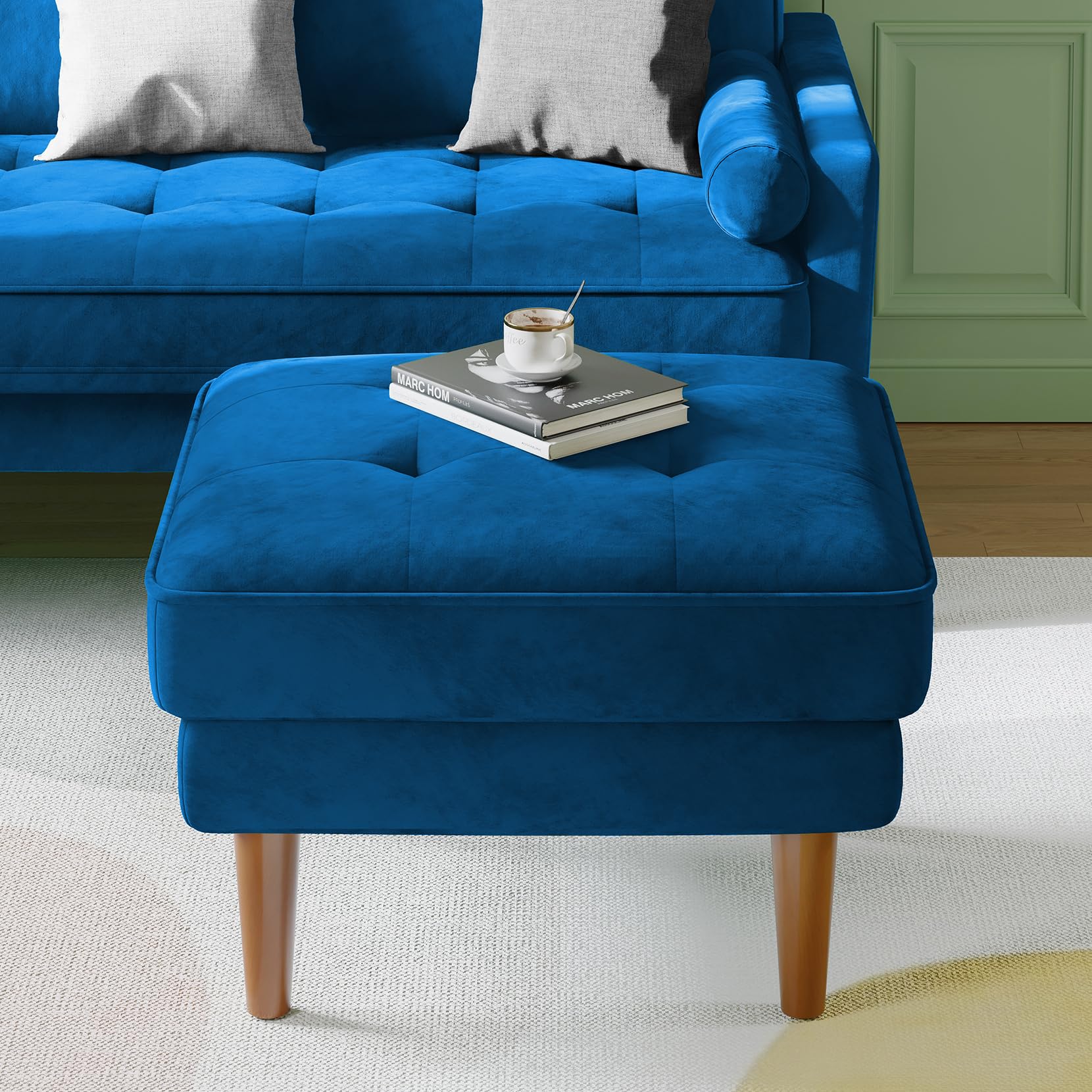 Vesgantti Small Ottoman Blue, Velvet Ottoman with Spring Cushion, Rectangle Foot Rest for Couch, Entrance Footstool with Wood Legs, Footstool for Living Room, Bedroom