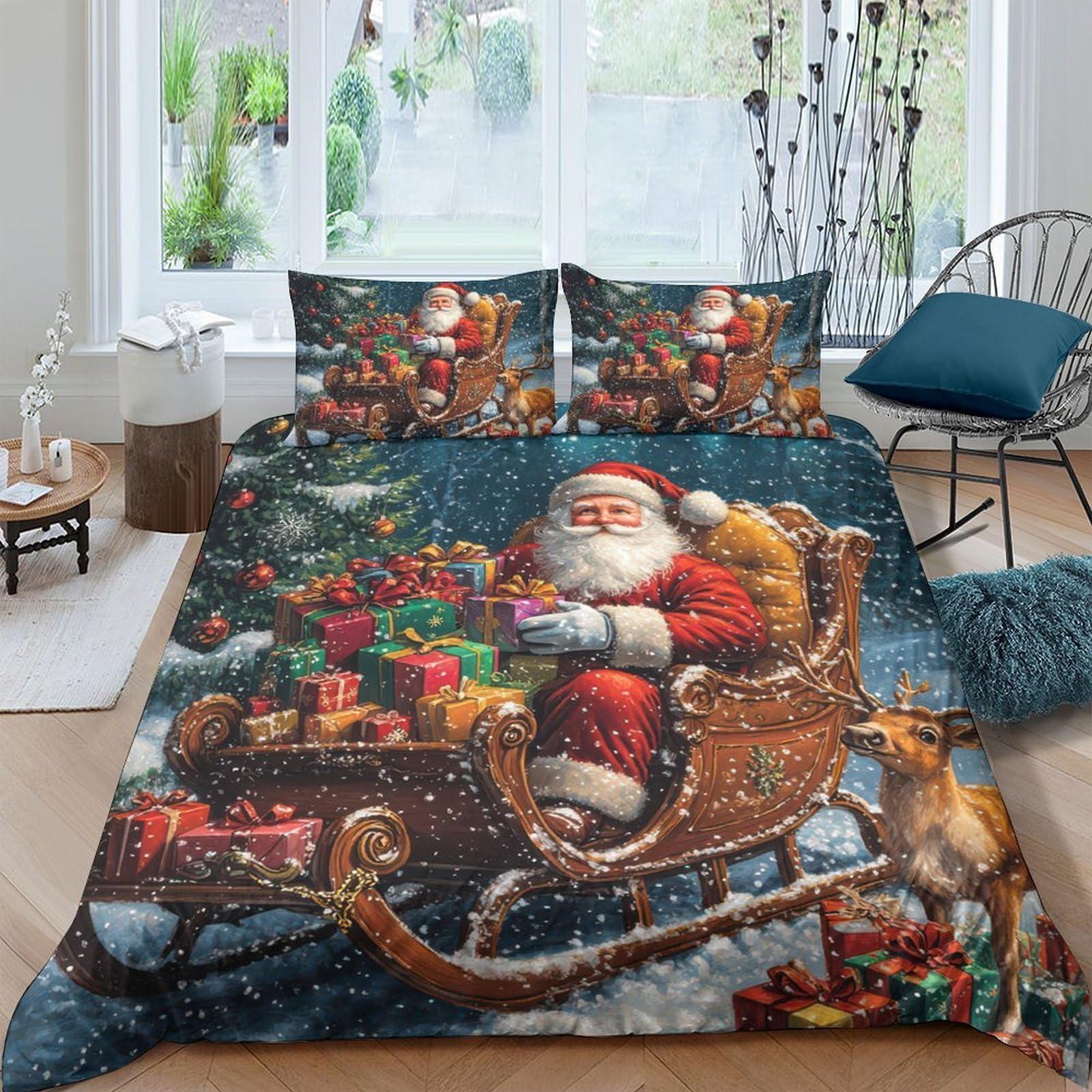 Ctjqhvkz Style-2 3D Printed Christmas Santa Sleigh Fitted Sheet Microfiber Soft Reindeer Bed Cover For Bedroom Guest Room Decor Single（135X200cm）