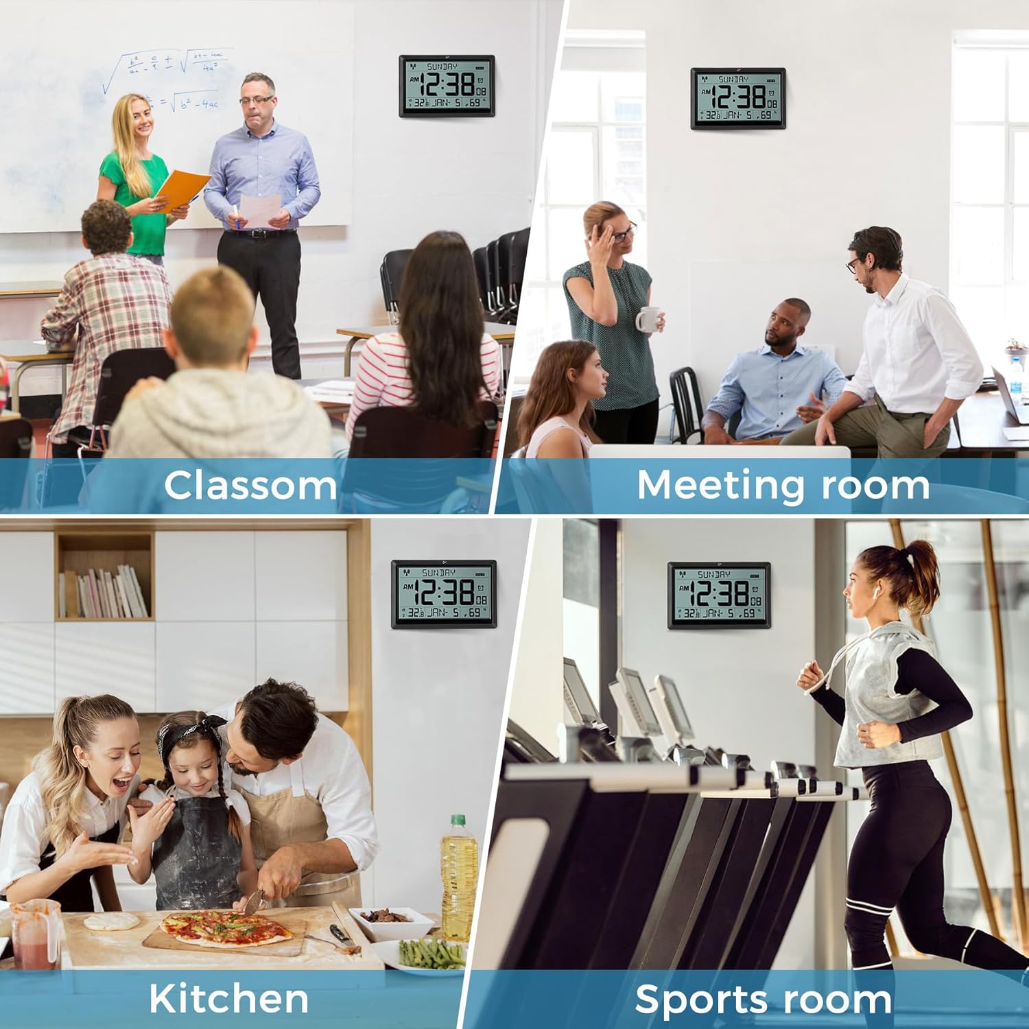 Clock in a classroom, kitchen, and sports room.