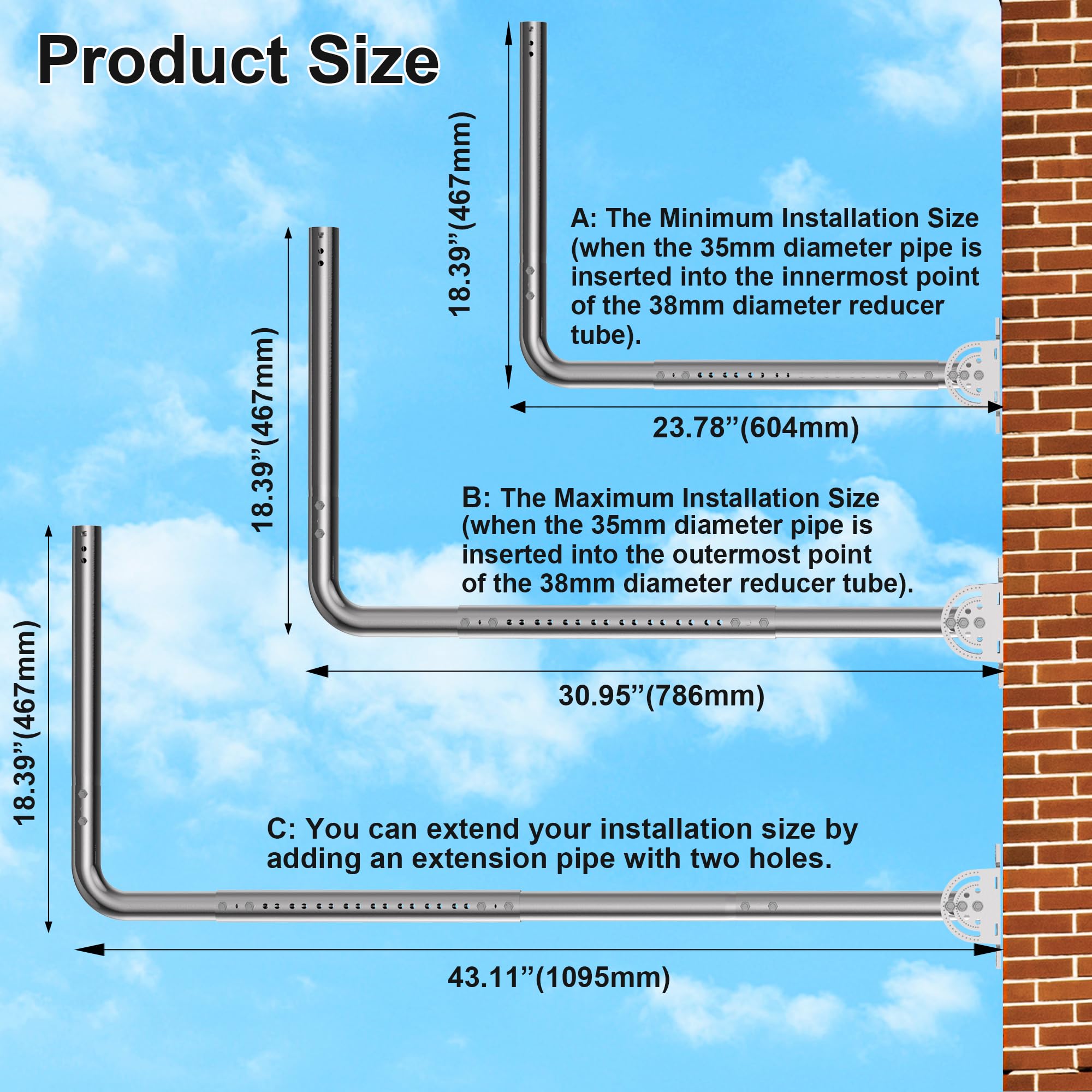 Supporto per antenna a parete lunga, lunghezza regolabile, kit di staffe di montaggio con gomiti a 90°, tubi estensibili, viti di fissaggio, per antenne TV esterne, estensore WiFi Starlink, ecc.