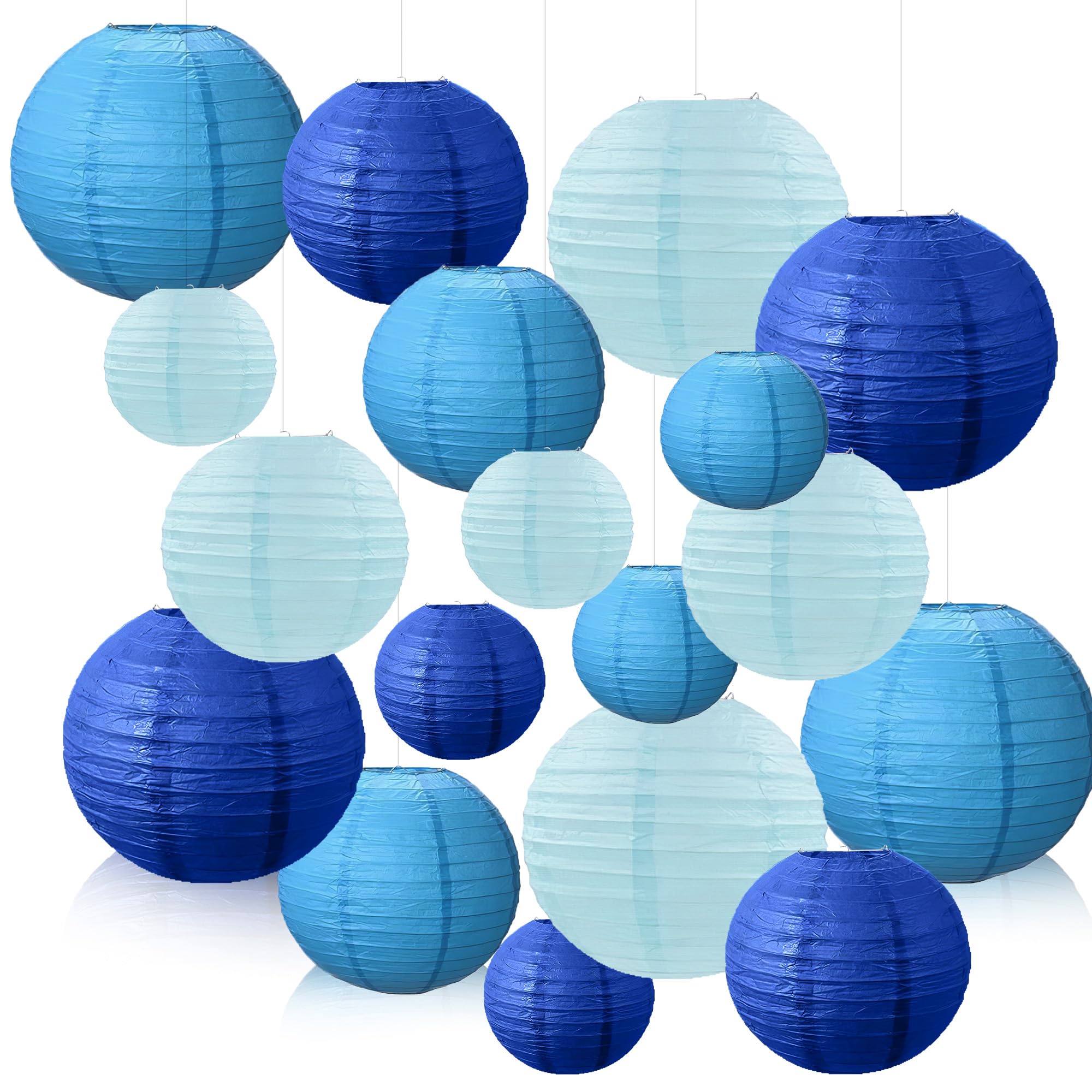 18Pcs Blue Paper Lanterns , 6" 8" 10" Blue Round Hanging Decorations for Weddings, Graduations, Birthdays, Bachelorette Parties