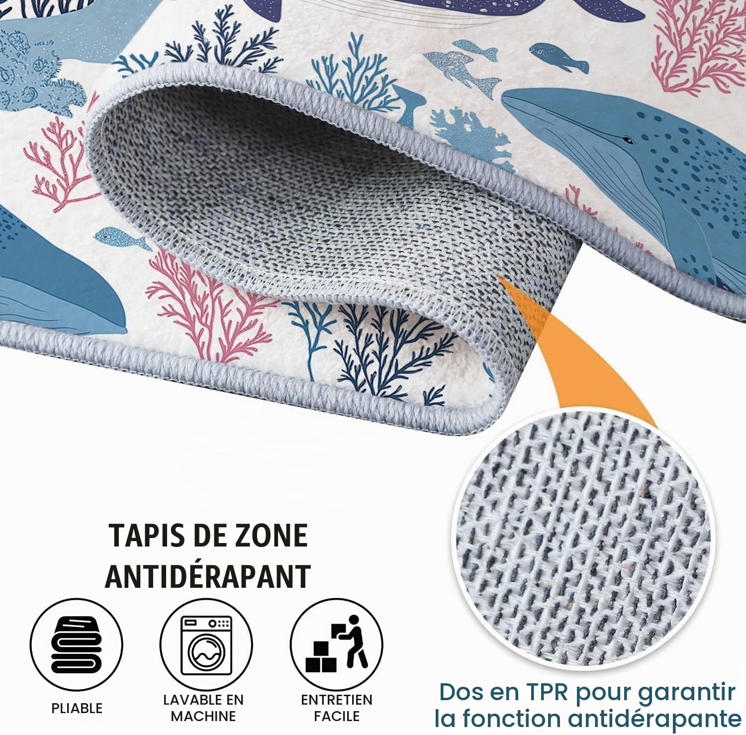Générique Tapis Intérieur 80x150cm Thème Océan Baleine Tapis Salon Lavable, Tapis de Chambre Moderne à Poil Ras, Antidérapant et Résistant, Tapis Sol Décor À La Maison