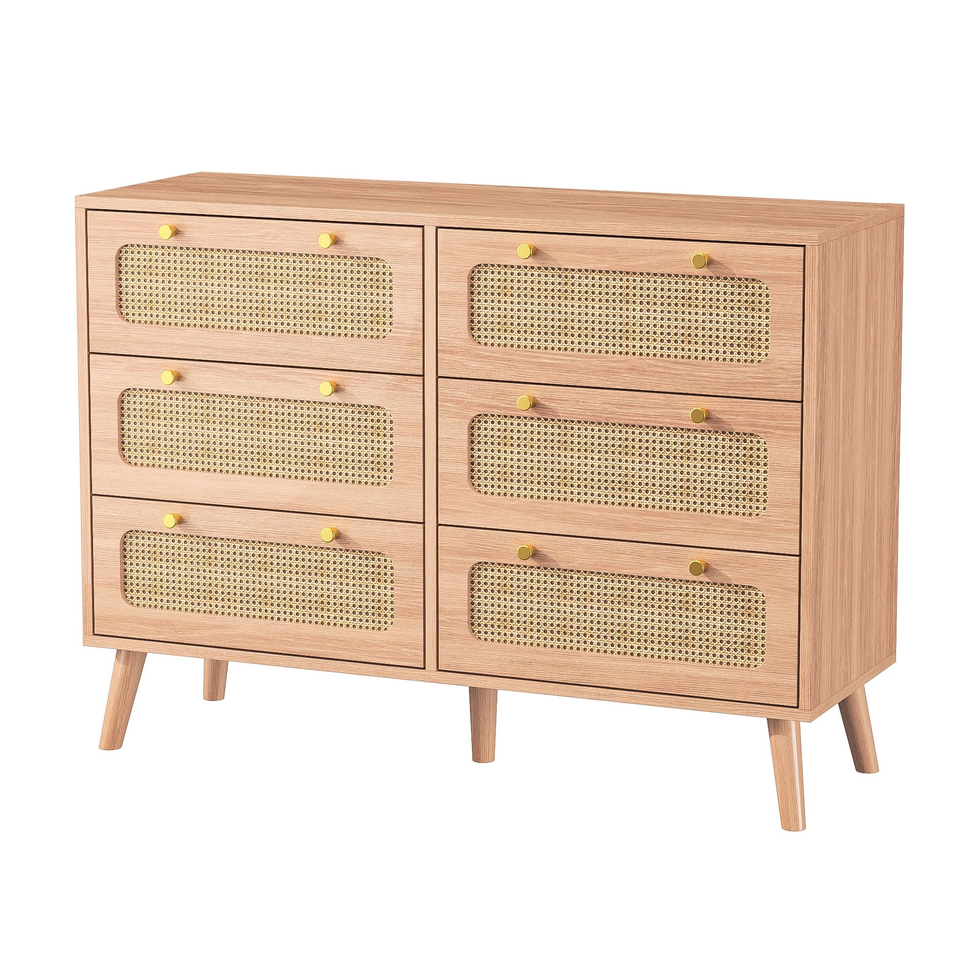 Commode à 6 tiroirs en Bois Style Nordique, Commode de Rangement avec Panneaux en rotin, Commode Chambre Adulte, Couleur Bois Naturel,100x34x73 cm