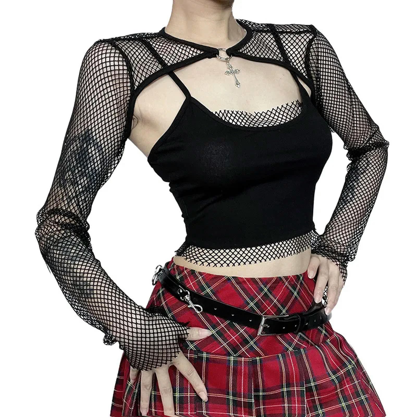 Gothic Hollow out Fishnet Sling Cross Set Women Long Sleeve See Through Crop Tops T-Shirt Y2K tee Top Blouse-Black-L