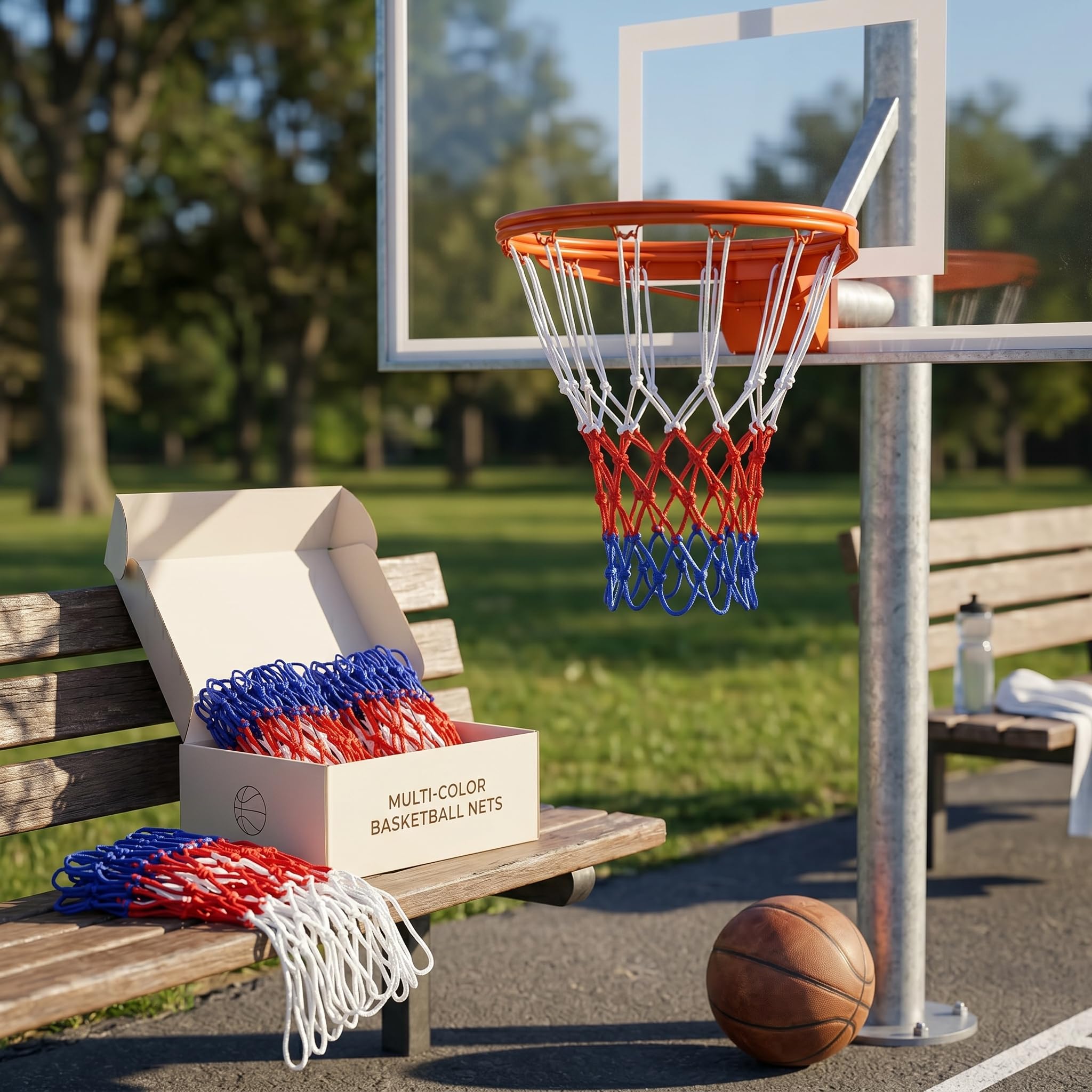 Rete Canestro Basket 4 Pezzi, Retina da Basket 52 cm con 12 Anelli, Ricambio per Canestro Standard in Blu Rosso Bianco, per Campo Interno Esterno, Scuola, Parco e Casa