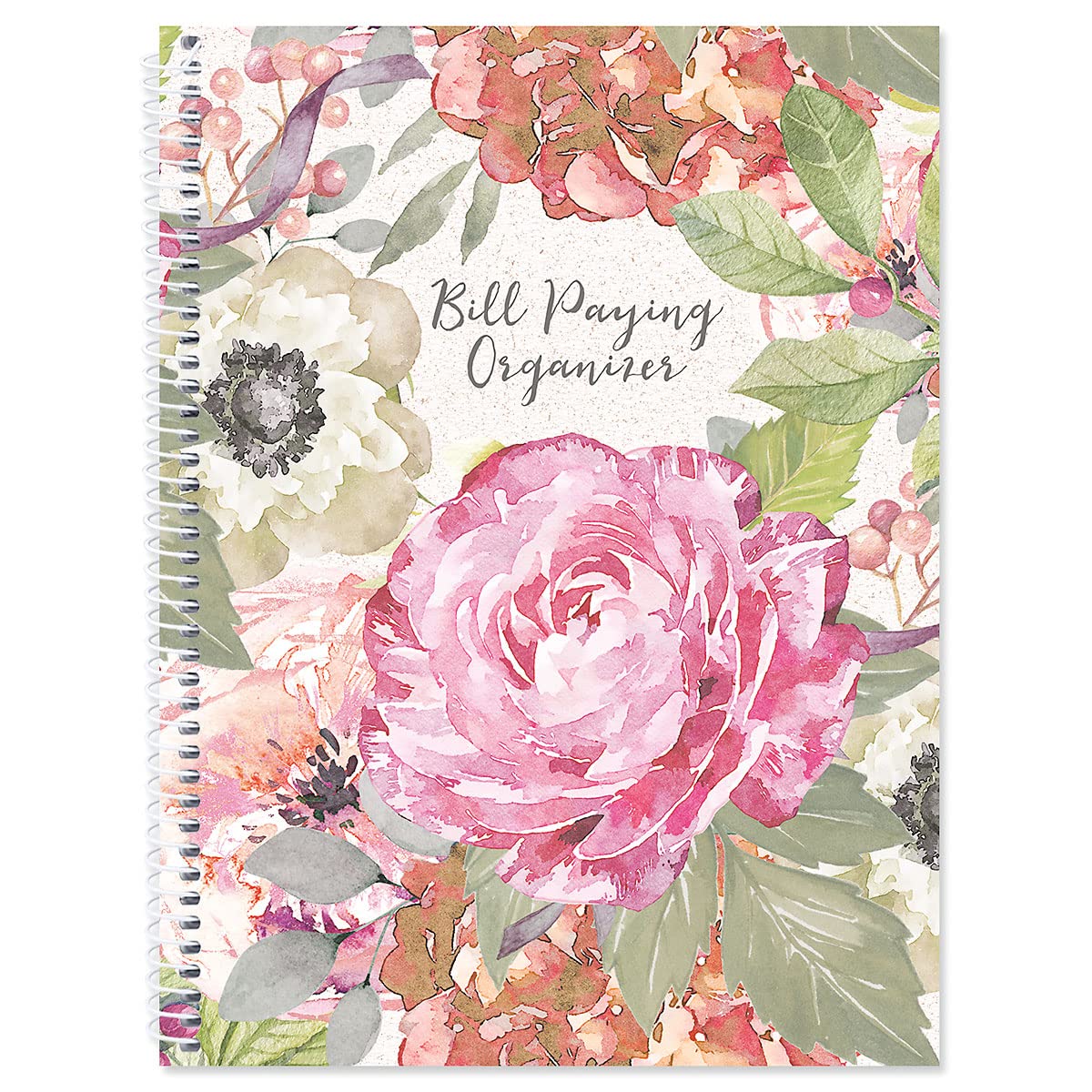 Pale Peony Bill Paying Organizer Book - Large 9" by 12 inch, Spiral-Bound, 14 Pocket Pages, 32 Label Stickers, Bill Tracking Receipt Storage